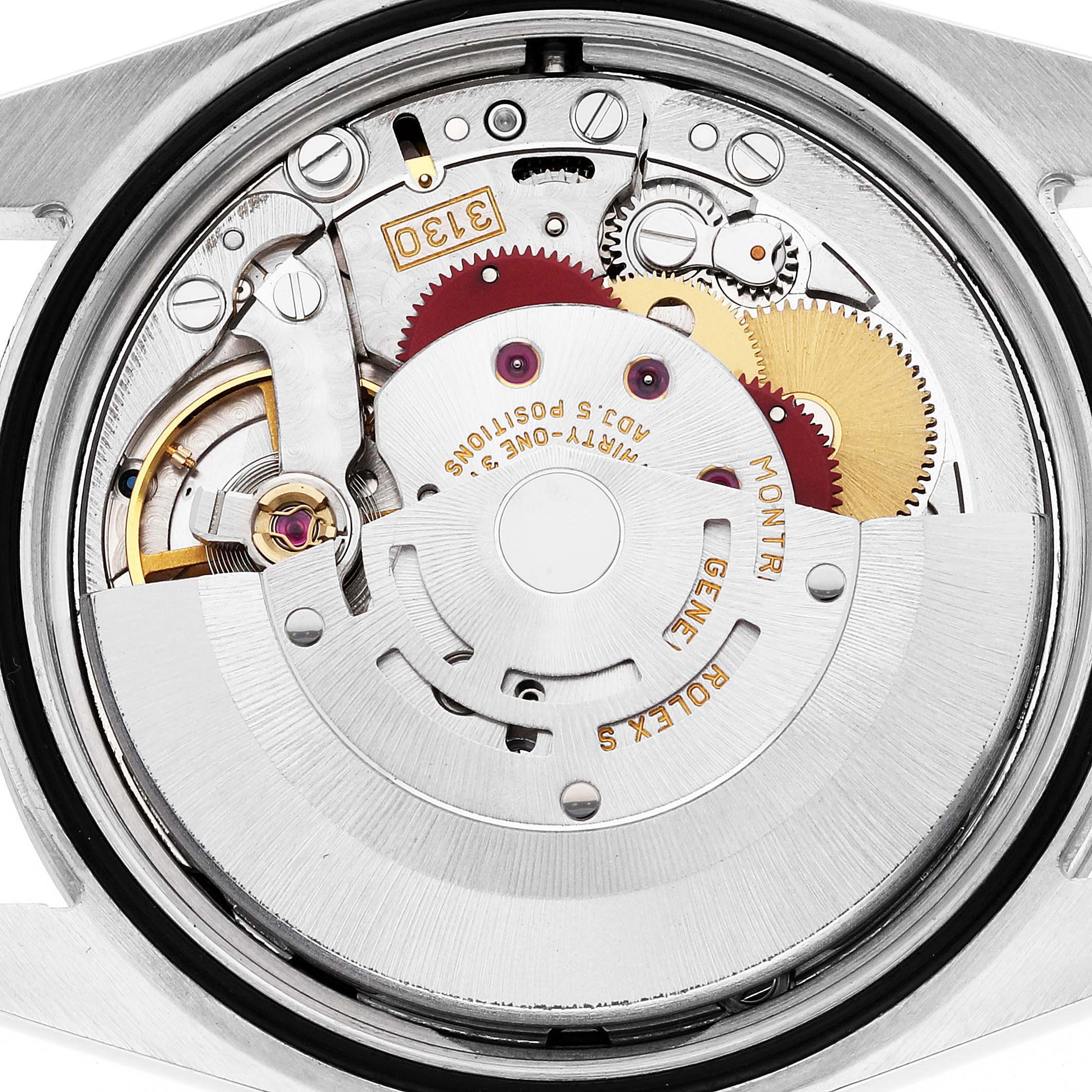The image shows a close-up of the movement (mechanism) inside a Rolex Explorer 114270 Men's Stainless Steel Black Dial 114270 Men's Stainless Steel Black Dial watch, highlighting gears and components.