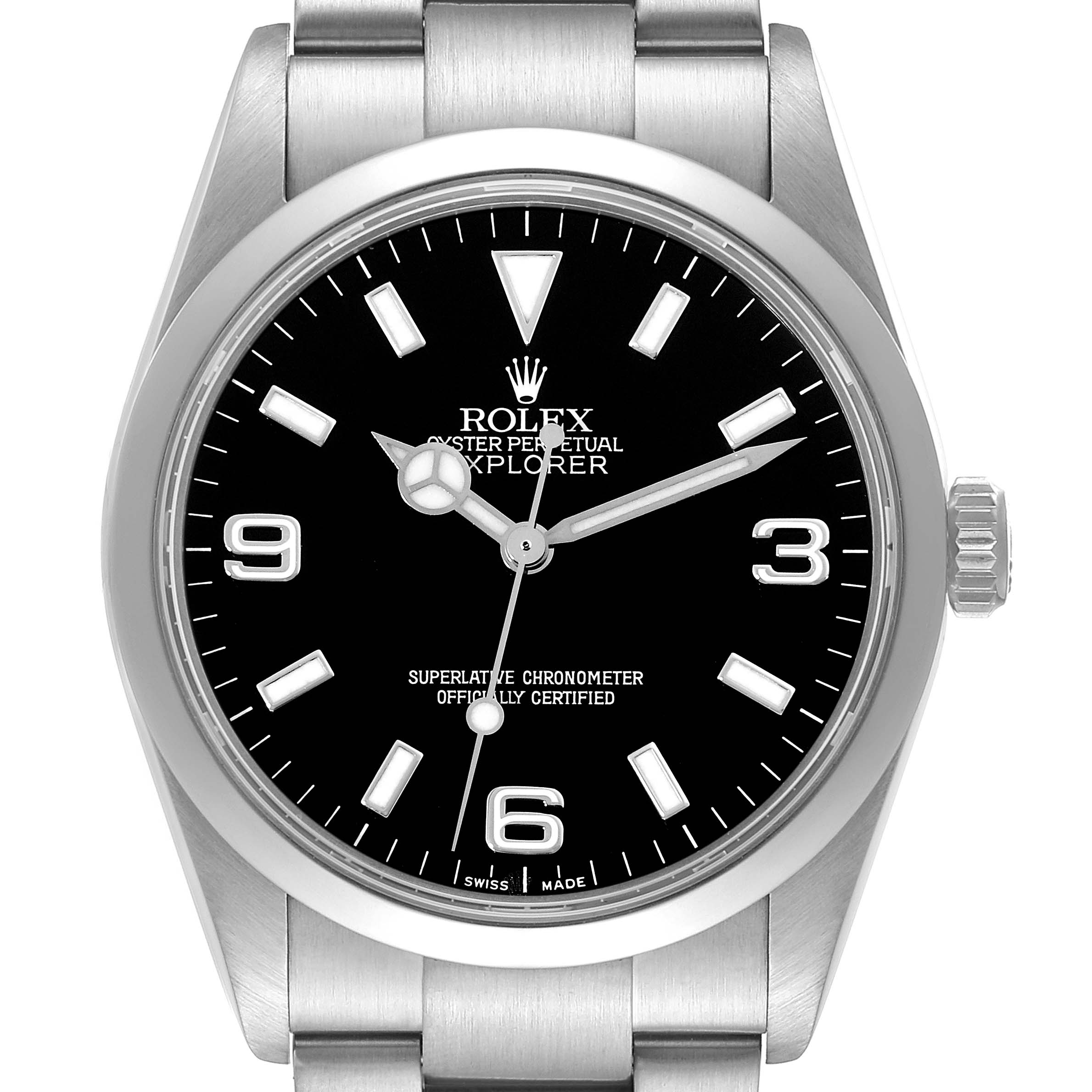 The image shows a frontal view of a Rolex Explorer 114270 Men's Stainless Steel Black Dial 114270 Men's Stainless Steel Black Dial model watch, displaying its black dial, hour markers, and stainless steel bracelet.