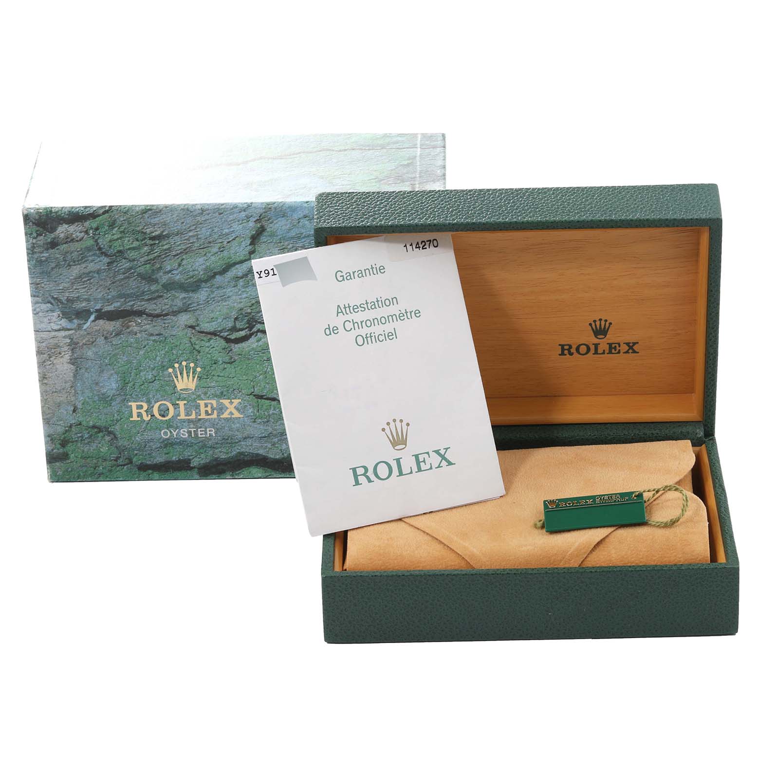 The image shows a Rolex Explorer 114270 Men
s Stainless Steel Black Dial 114270 Men
s Stainless Steel Black Dial watch box with warranty papers, a tag, and a leather pouch, all from a front angle.