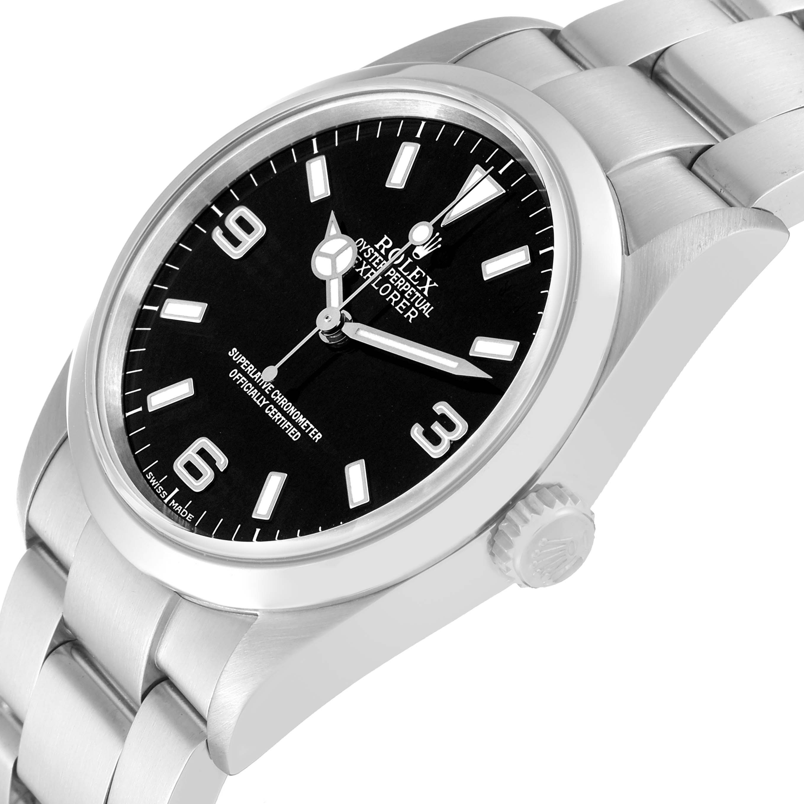 The angle shows the face, crown, and part of the bracelet of the Rolex Explorer 114270 Men
s Stainless Steel Black Dial 114270 Men
s Stainless Steel Black Dial model watch.