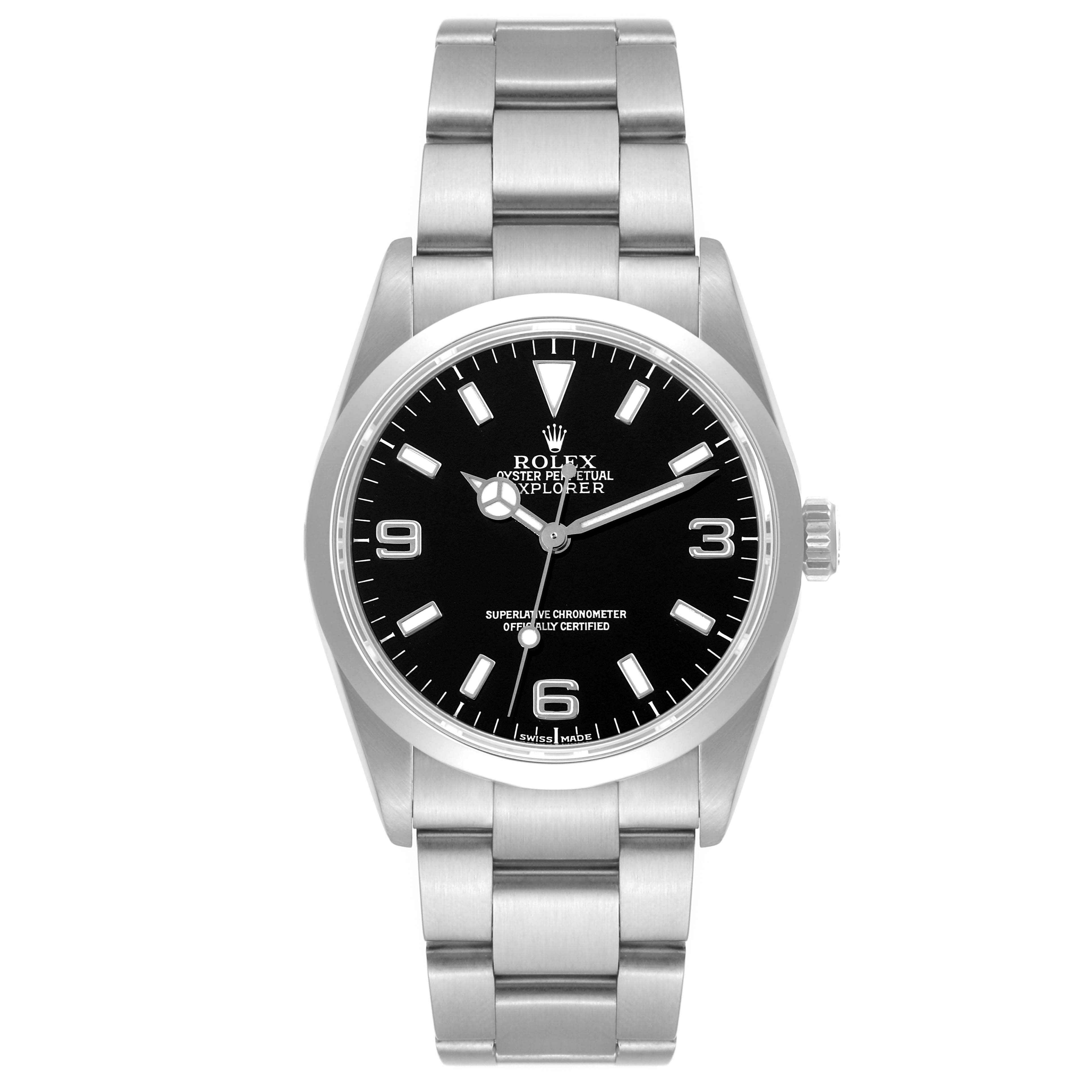 The image shows a frontal view of a Rolex Explorer 114270 Men
s Stainless Steel Black Dial 114270 Men
s Stainless Steel Black Dial model watch, displaying the dial, bezel, crown, and bracelet.