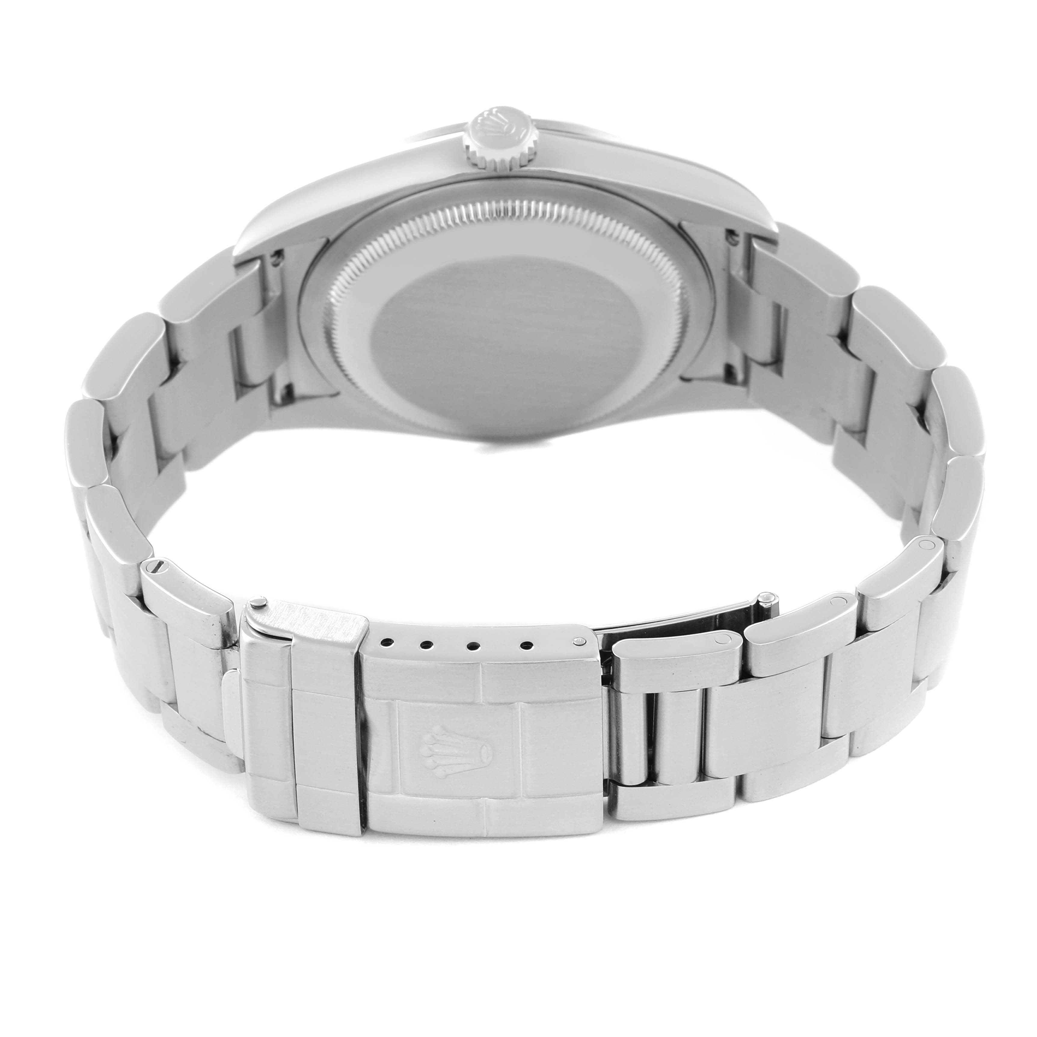 The image shows the back view of a Rolex Explorer 114270 Men
s Stainless Steel Black Dial 114270 Men
s Stainless Steel Black Dial watch, highlighting the bracelet and clasp.