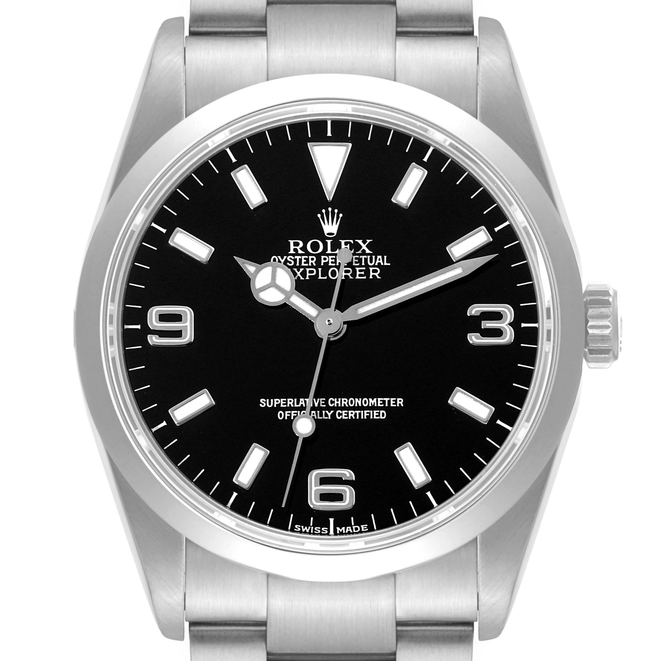 The image shows a front view of the Rolex Explorer 114270 Men
s Stainless Steel Black Dial 114270 Men
s Stainless Steel Black Dial watch, displaying its dial, hour markers, and part of the bracelet.