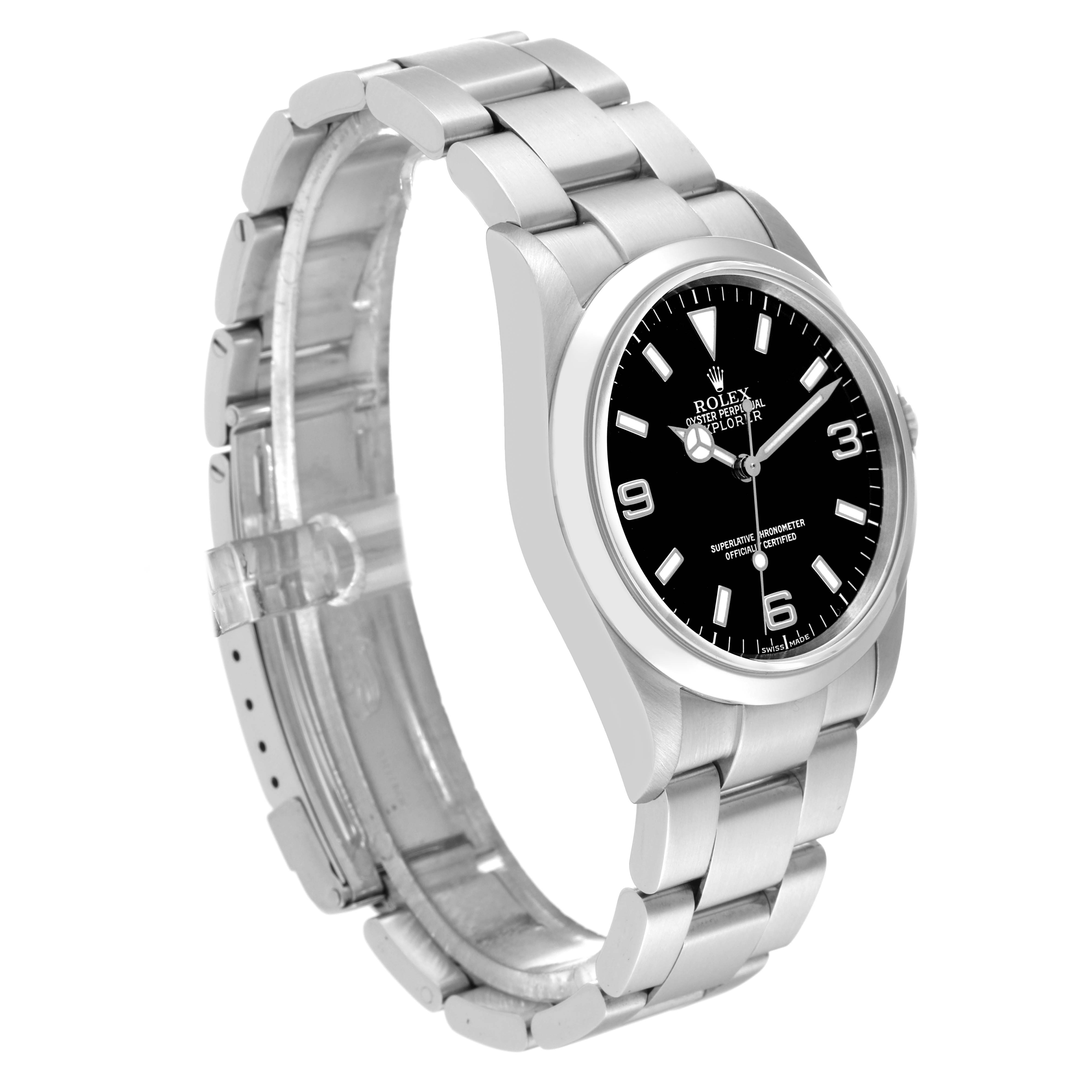 The image shows a side angle view of a Rolex Explorer 114270 Men
s Stainless Steel Black Dial 114270 Men
s Stainless Steel Black Dial watch, displaying its bracelet, case, and dial.