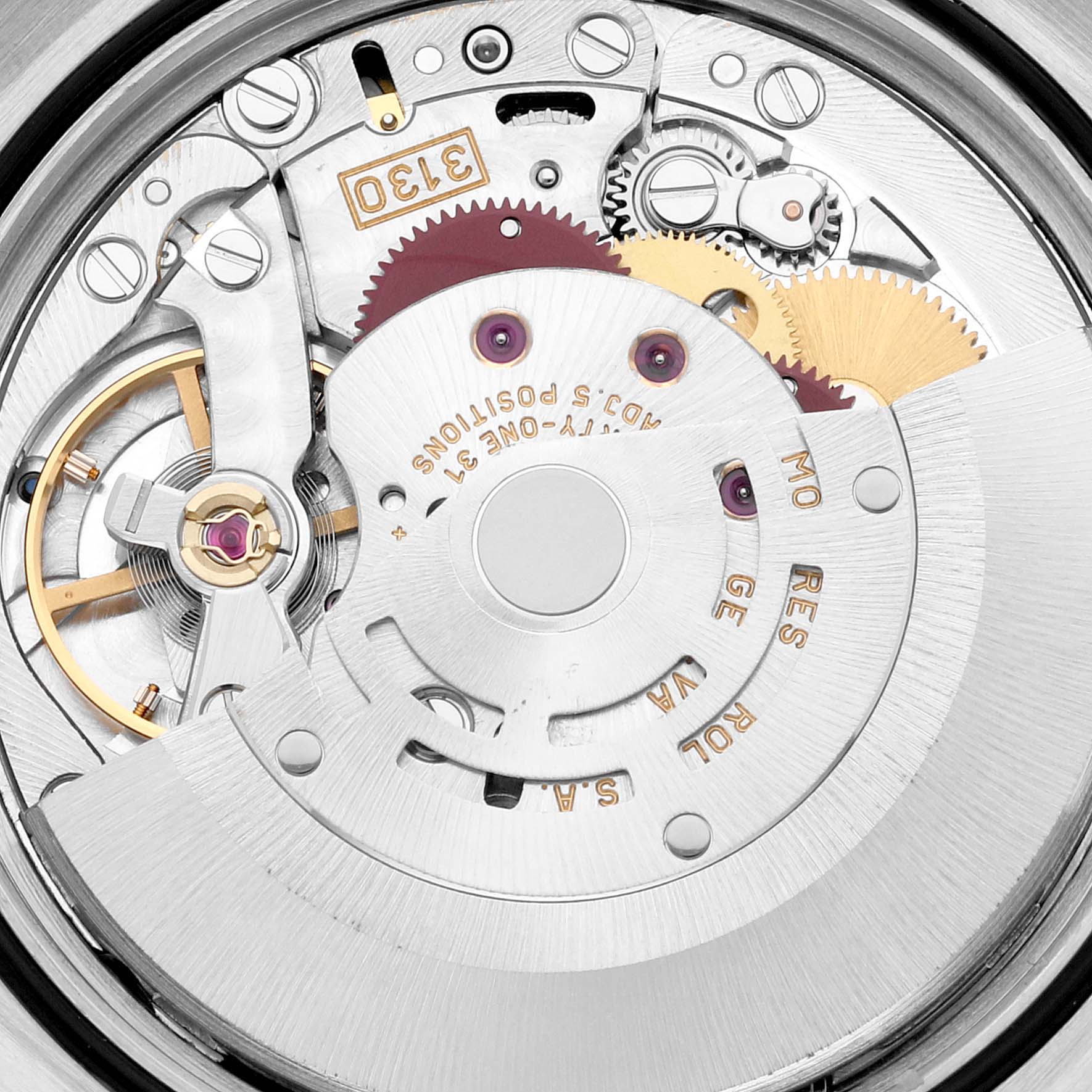The image shows a close-up of the movement mechanism of a Rolex Explorer 114270 Men
s Stainless Steel Black Dial 114270 Men
s Stainless Steel Black Dial watch, highlighting gears and intricate components.