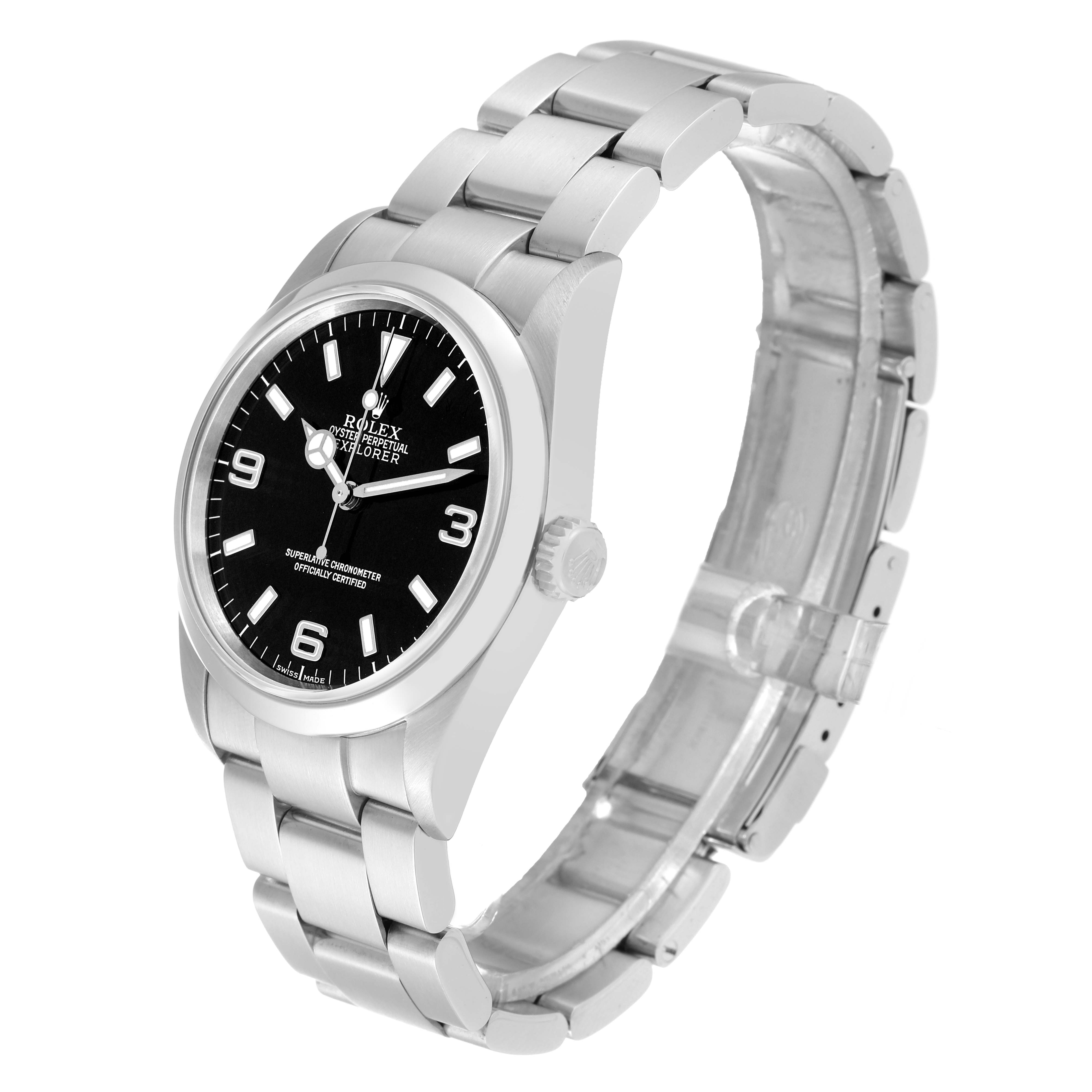 The image shows a side angle of the Rolex Explorer 114270 Men
s Stainless Steel Black Dial 114270 Men
s Stainless Steel Black Dial watch, highlighting the face, crown, and band.