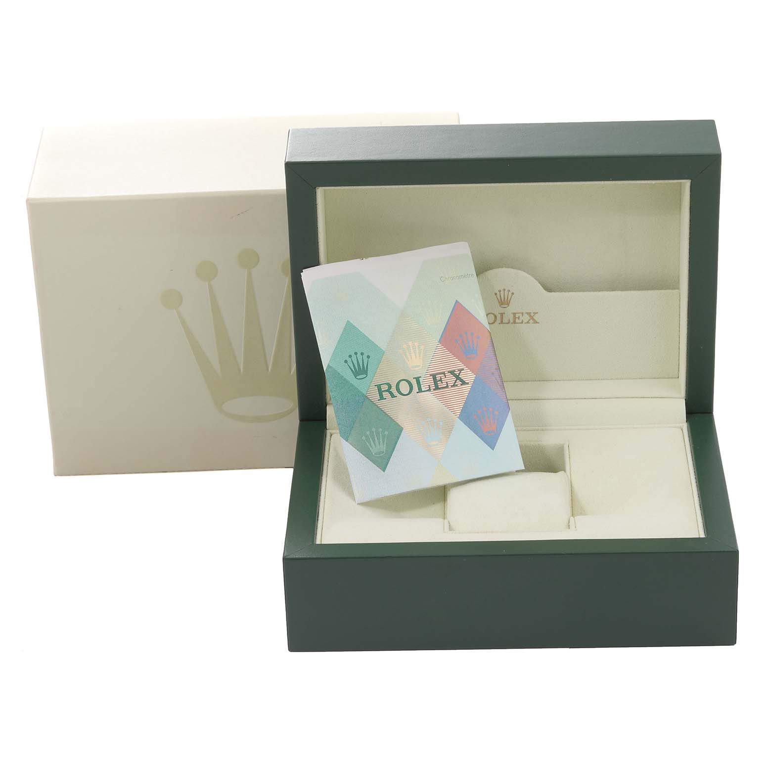 The image shows an open Rolex Explorer 114270 Men
s Stainless Steel Black Dial 114270 Men
s Stainless Steel Black Dial watch box with an associated card, viewed from the front.