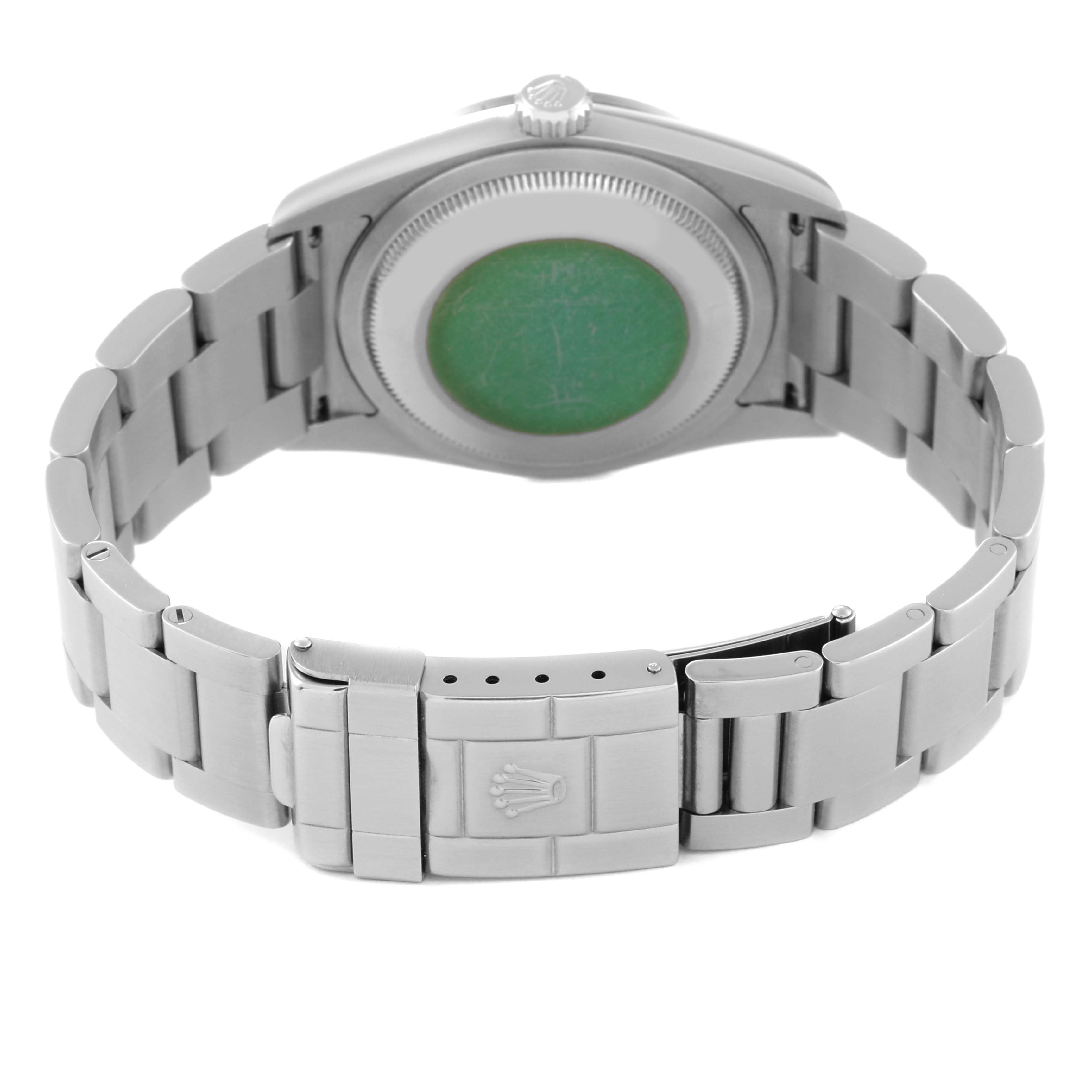 The image shows the back view of the Rolex Explorer 114270 Men
s Stainless Steel Black Dial 114270 Men
s Stainless Steel Black Dial watch, highlighting the case back, bracelet, and clasp.