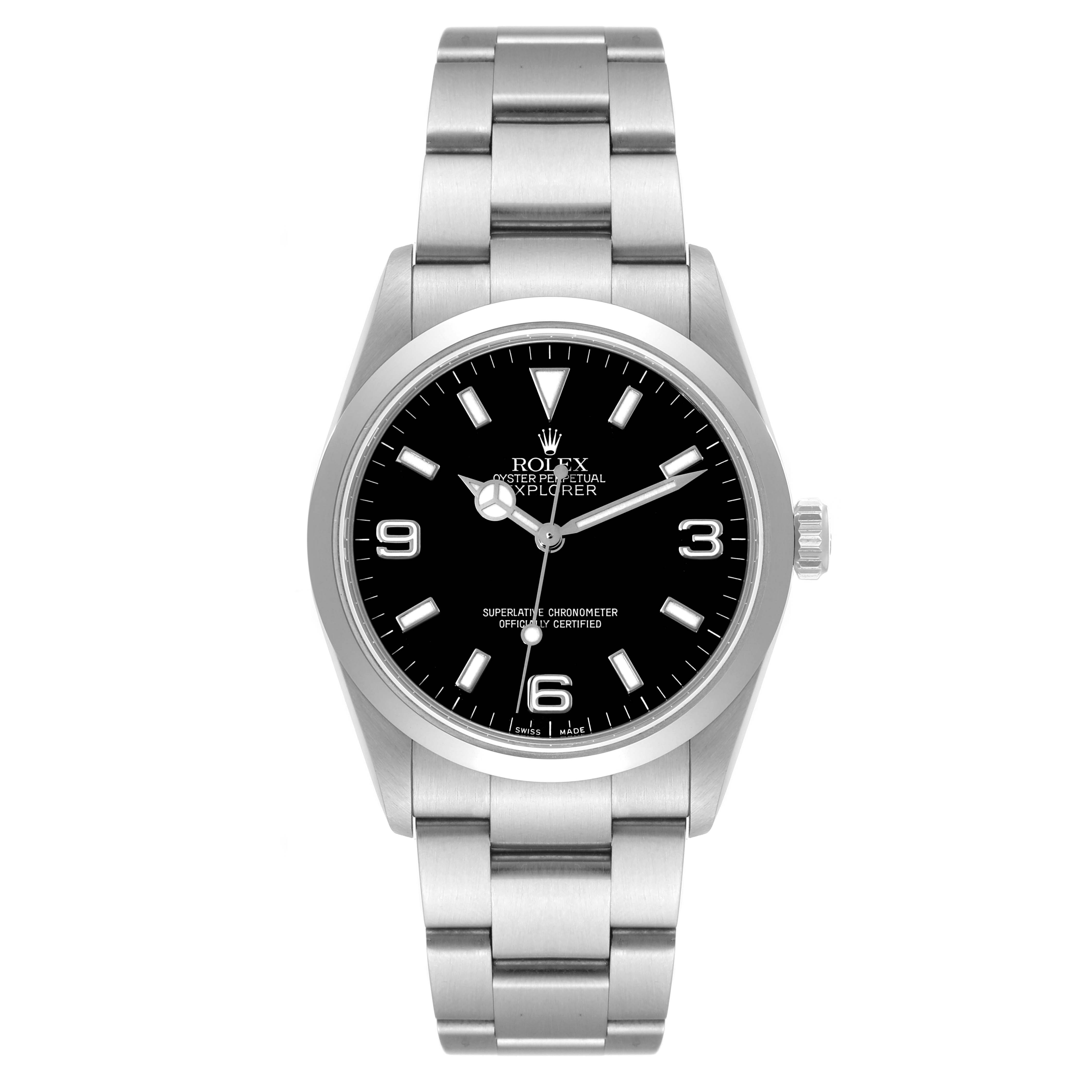The image shows a front view of the Rolex Explorer 114270 Men
s Stainless Steel Black Dial 114270 Men
s Stainless Steel Black Dial watch, highlighting its black dial, silver hour markers, and metal band.