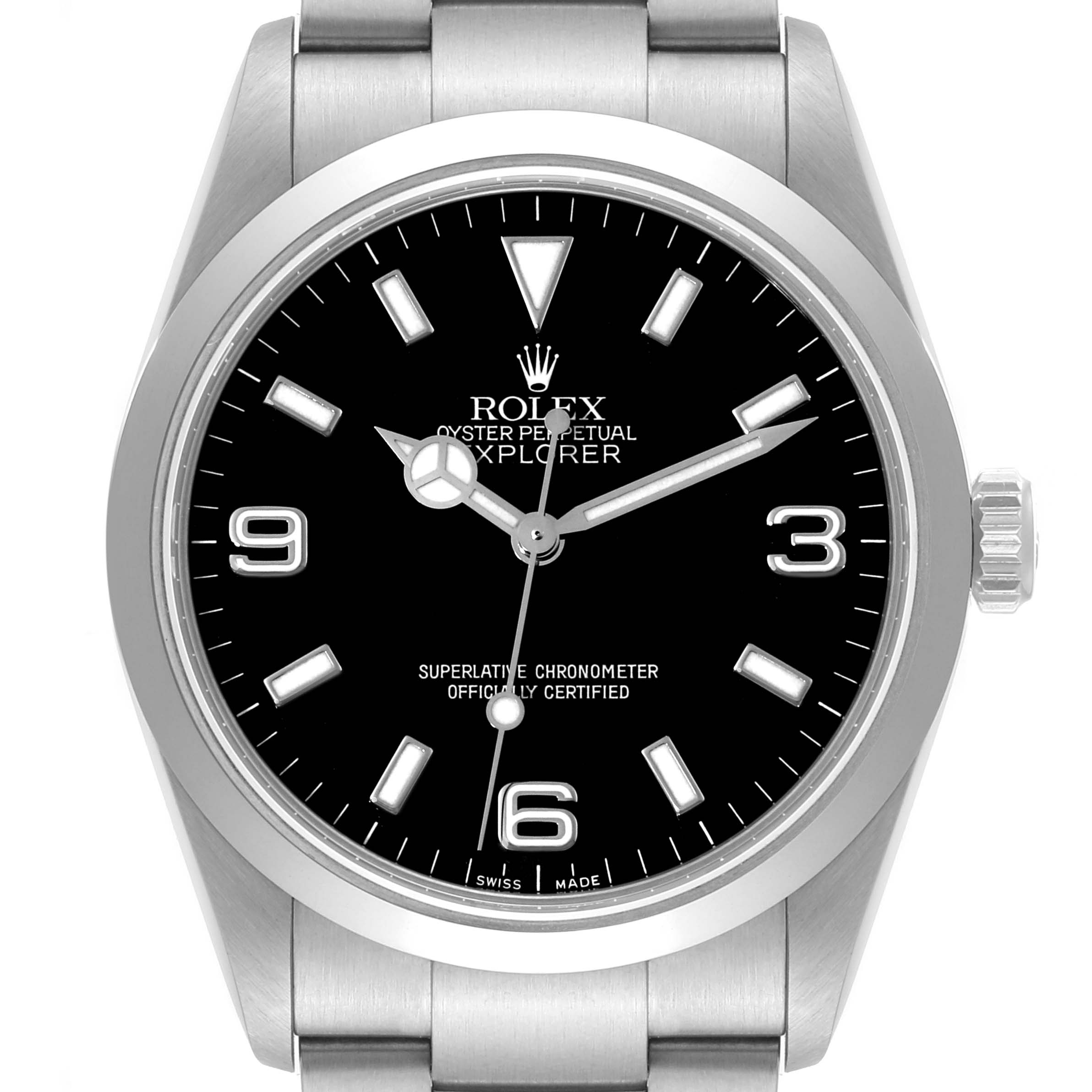 This is a front view of a Rolex Explorer 114270 Men
s Stainless Steel Black Dial 114270 Men
s Stainless Steel Black Dial model showing the watch face, hands, and part of the stainless steel bracelet.