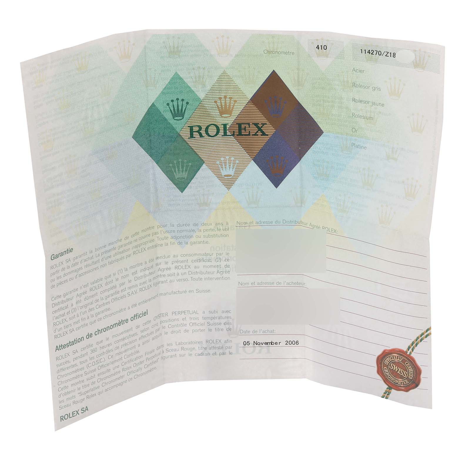 This image shows the official warranty and certification documentation for the Rolex Explorer 114270 Men
s Stainless Steel Black Dial 114270 Men
s Stainless Steel Black Dial model.