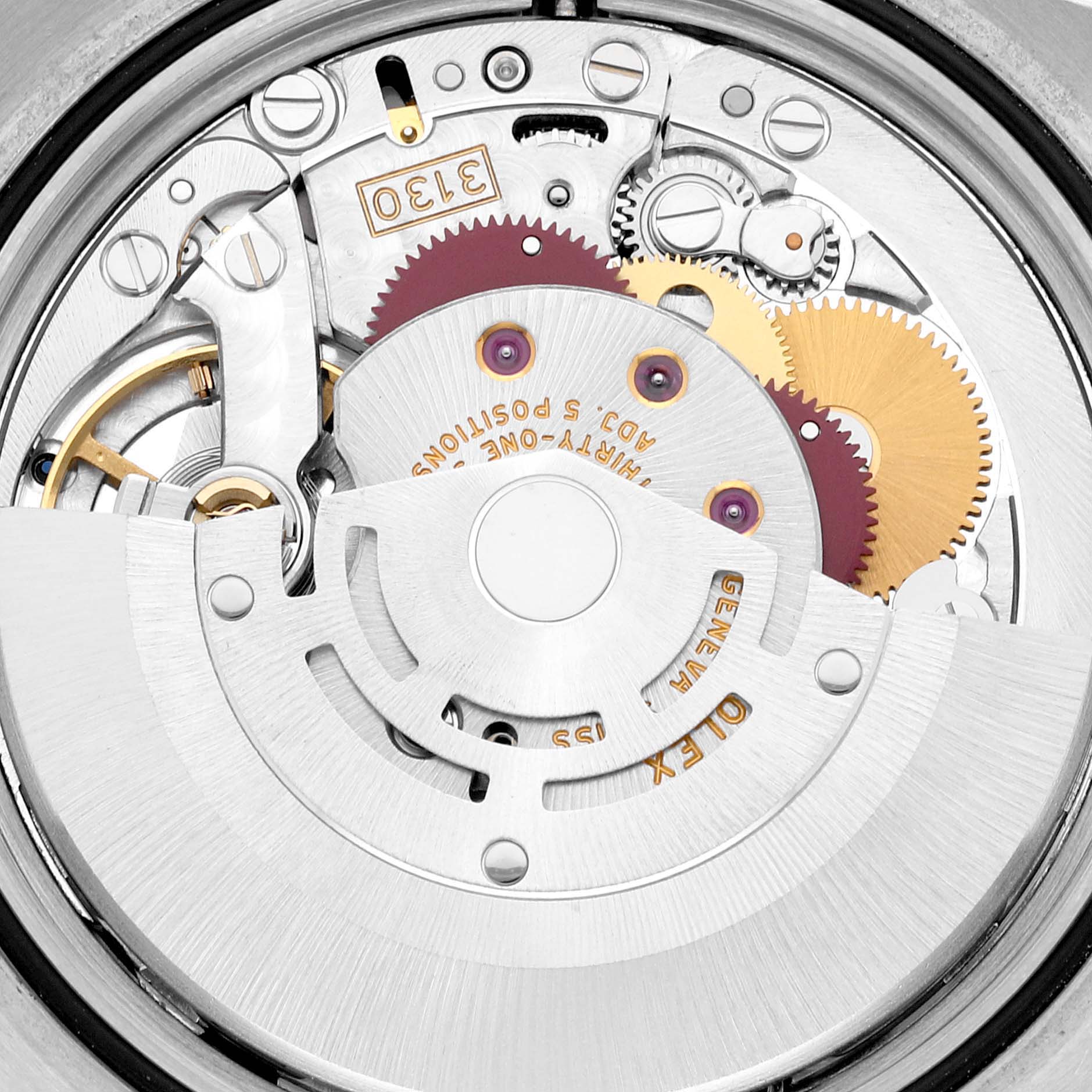This image shows the detailed internal mechanism of a Rolex Explorer 114270 Men
s Stainless Steel Black Dial 114270 Men
s Stainless Steel Black Dial watch, highlighting the gears and components from the back.