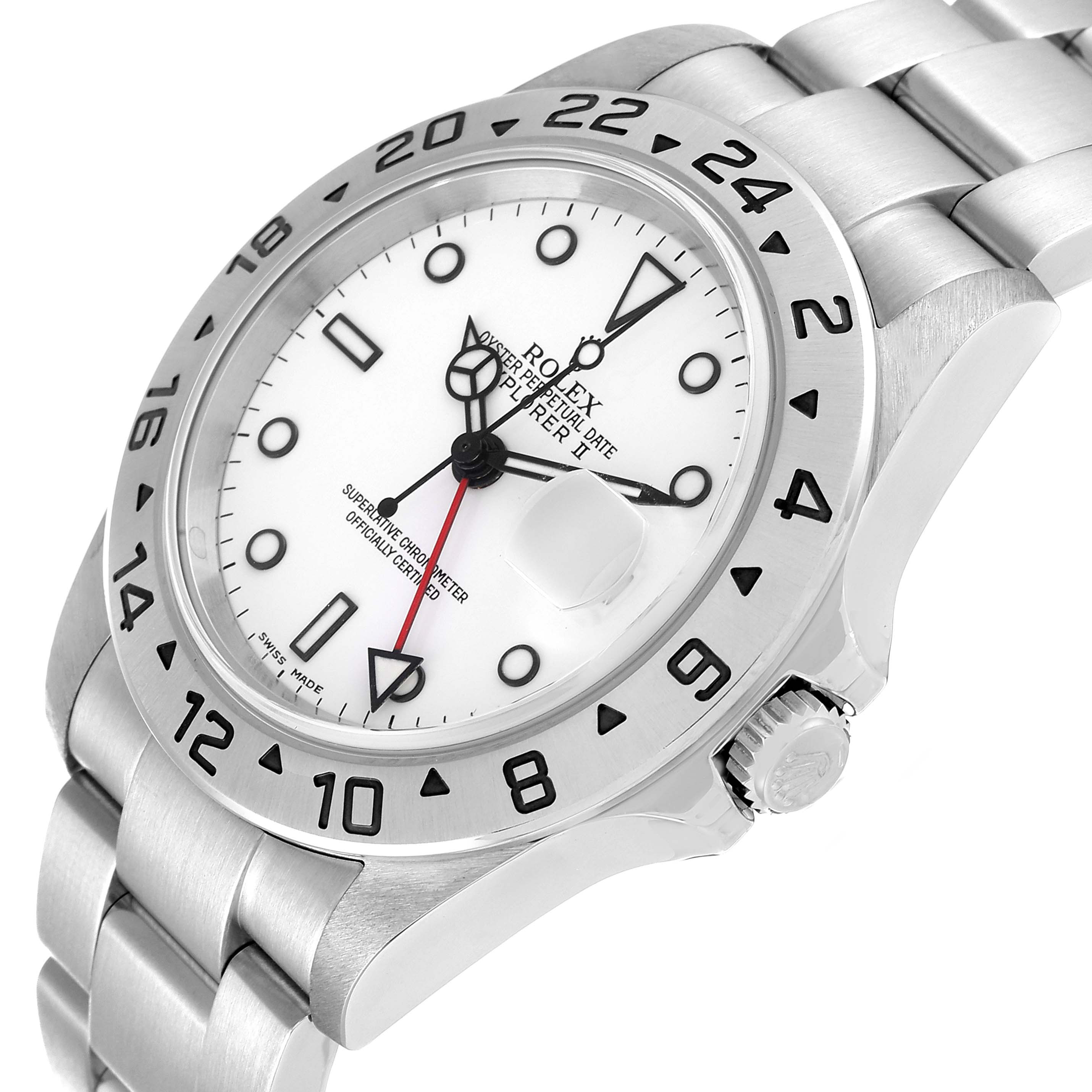 The image shows a Rolex Explorer 16570 Men's Stainless Steel White Dial 16570 Men's Stainless Steel White Dial watch, angled to display the dial, bezel, crown, and part of the bracelet.