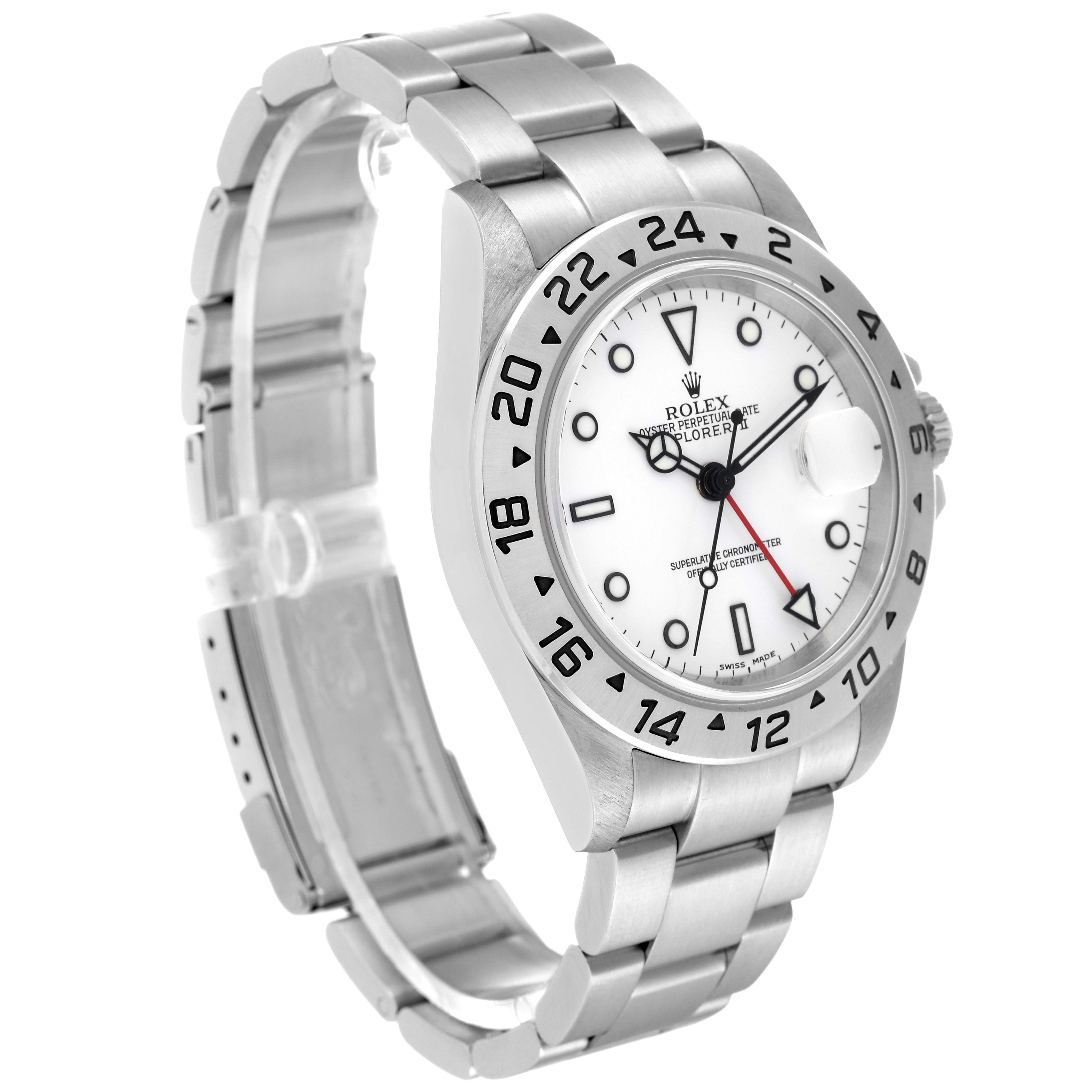 The image shows a Rolex Explorer 16570 Men's Stainless Steel White Dial 16570 Men's Stainless Steel White Dial watch angled from the front-left, highlighting its bezel, dial, hour markers, and stainless steel bracelet.