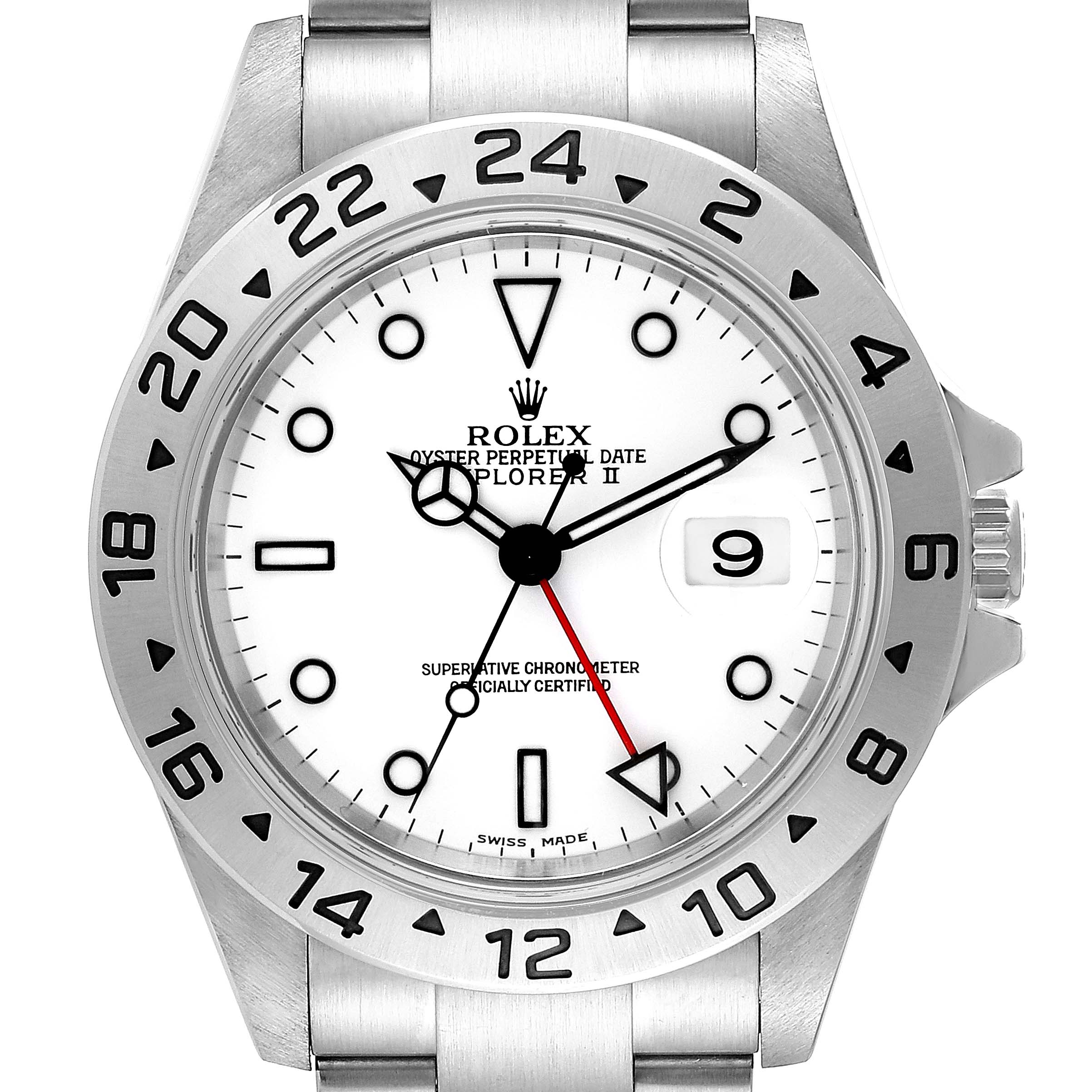 This image shows a frontal view of a Rolex Explorer 16570 Men's Stainless Steel White Dial 16570 Men's Stainless Steel White Dial watch, highlighting the white dial, date window, and bezel with 24-hour markings.