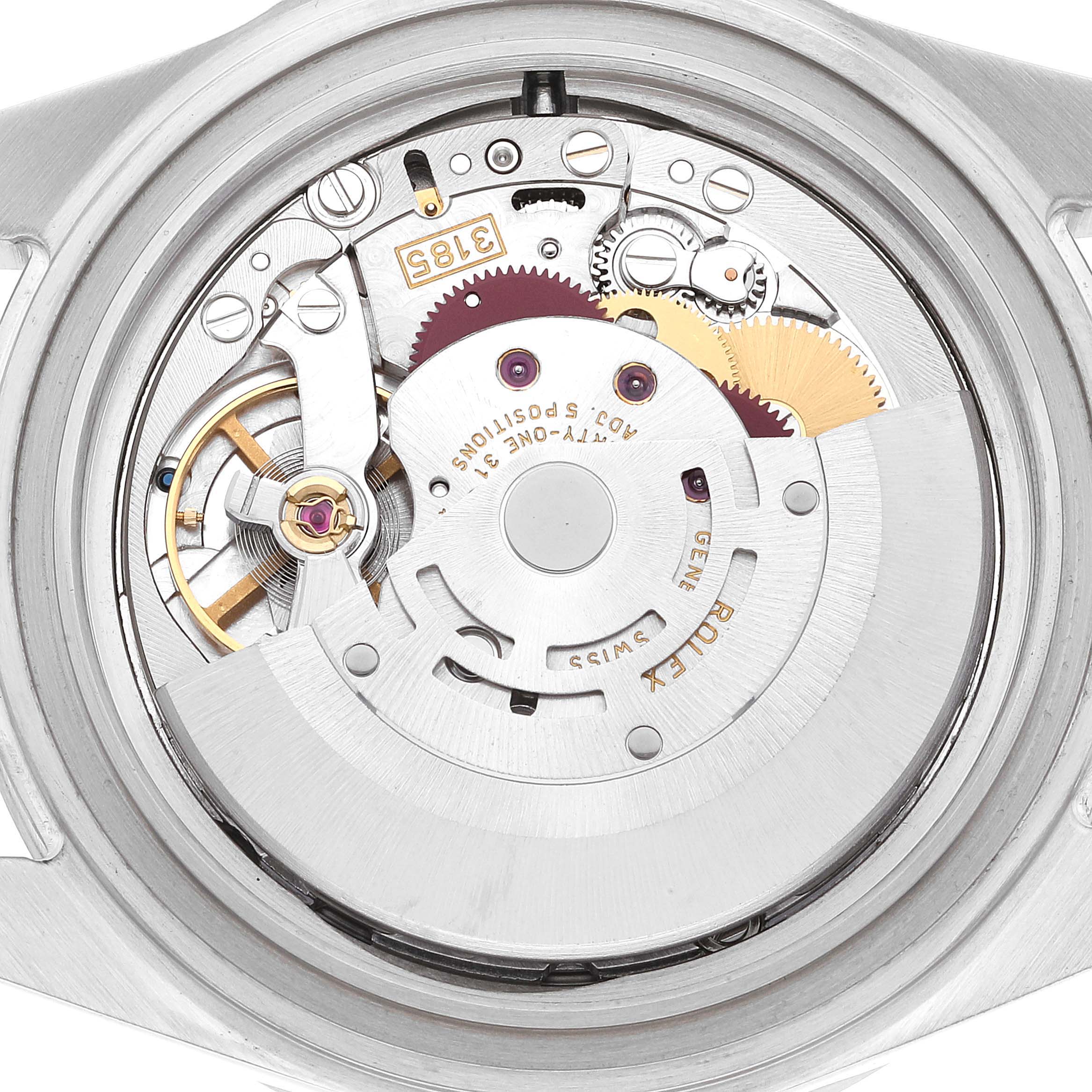 This image shows the internal movement parts of a Rolex Explorer 16570 Men's Stainless Steel White Dial 16570 Men's Stainless Steel White Dial watch from the back angle.