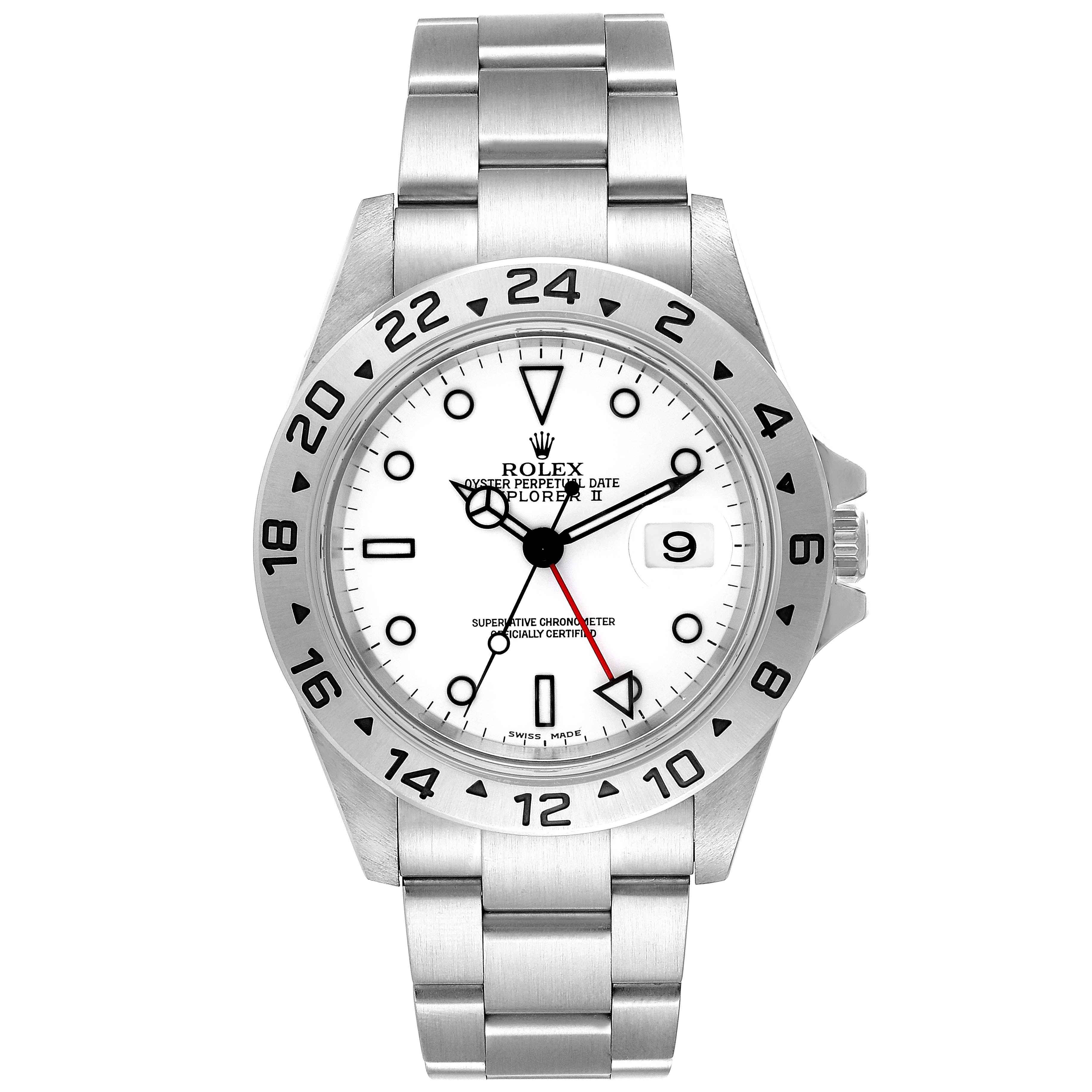The image shows a front view of the Rolex Explorer 16570 Men's Stainless Steel White Dial 16570 Men's Stainless Steel White Dial watch, featuring its bezel, dial, hands, and bracelet.