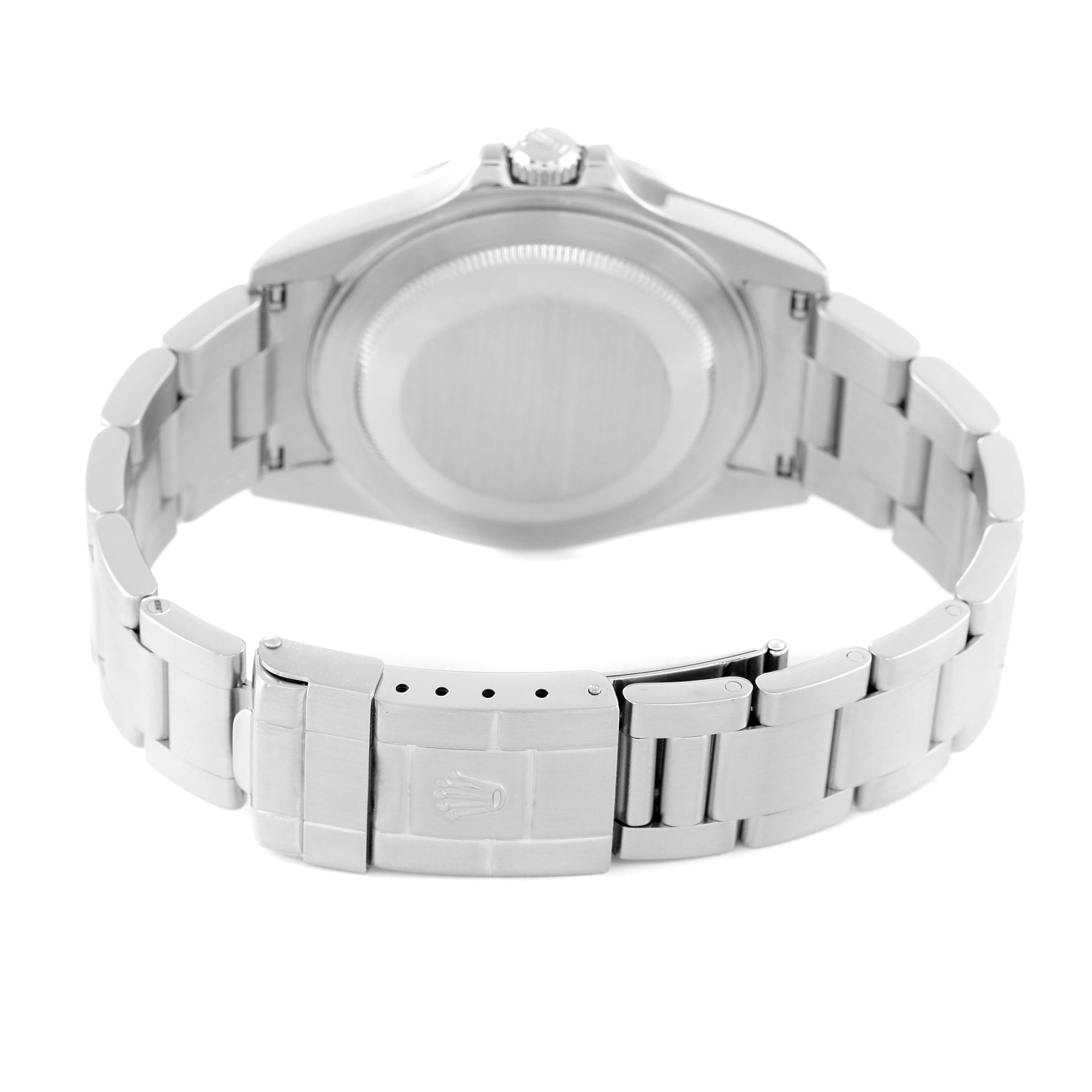 This image shows the back view of the Rolex Explorer 16570 Men's Stainless Steel White Dial 16570 Men's Stainless Steel White Dial model, highlighting the bracelet and clasp.