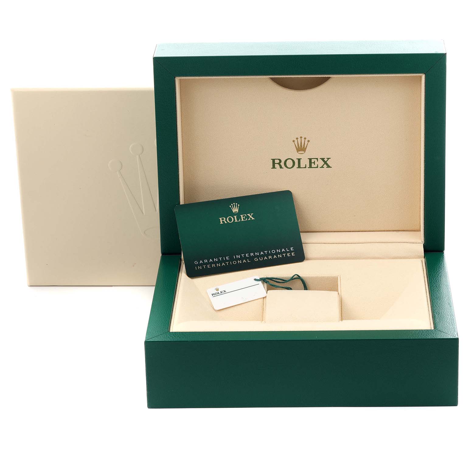 The image shows an open Rolex Explorer M226570-0002 Men's Stainless Steel Black Dial M226570-0002 Men's Stainless Steel Black Dial packaging box with a warranty card and accessories, viewed from the front.
