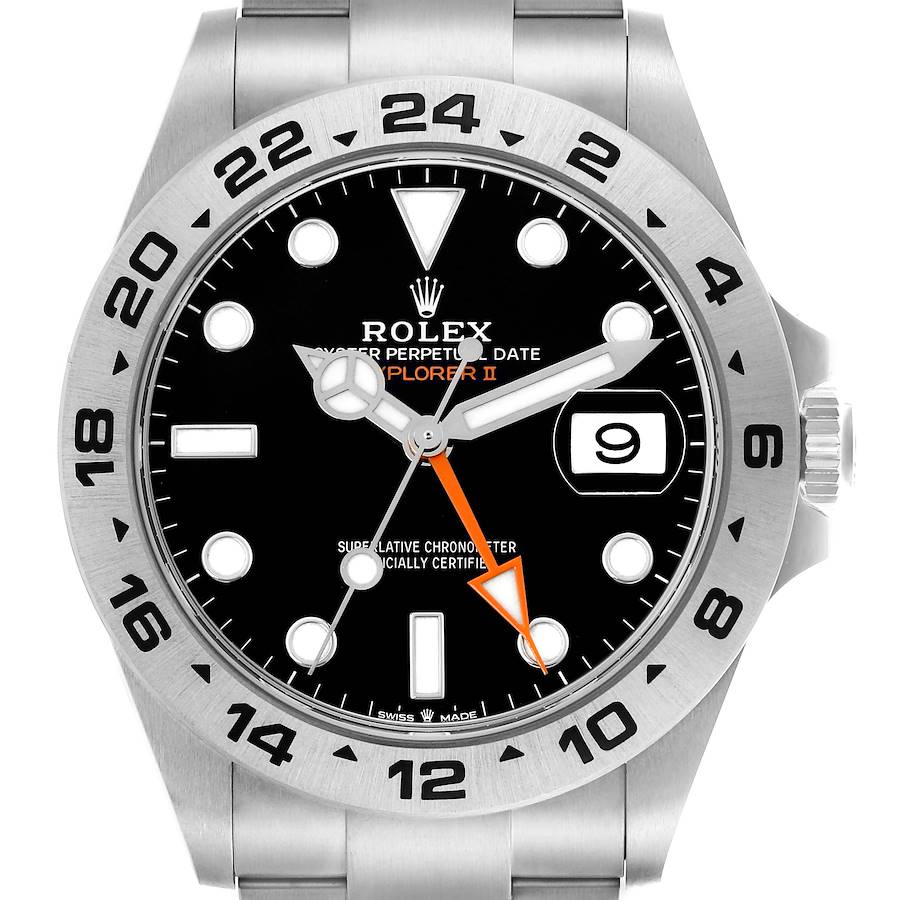 The image shows a frontal view of the Rolex Explorer II, highlighting the dial, hands, bezel, and crown.