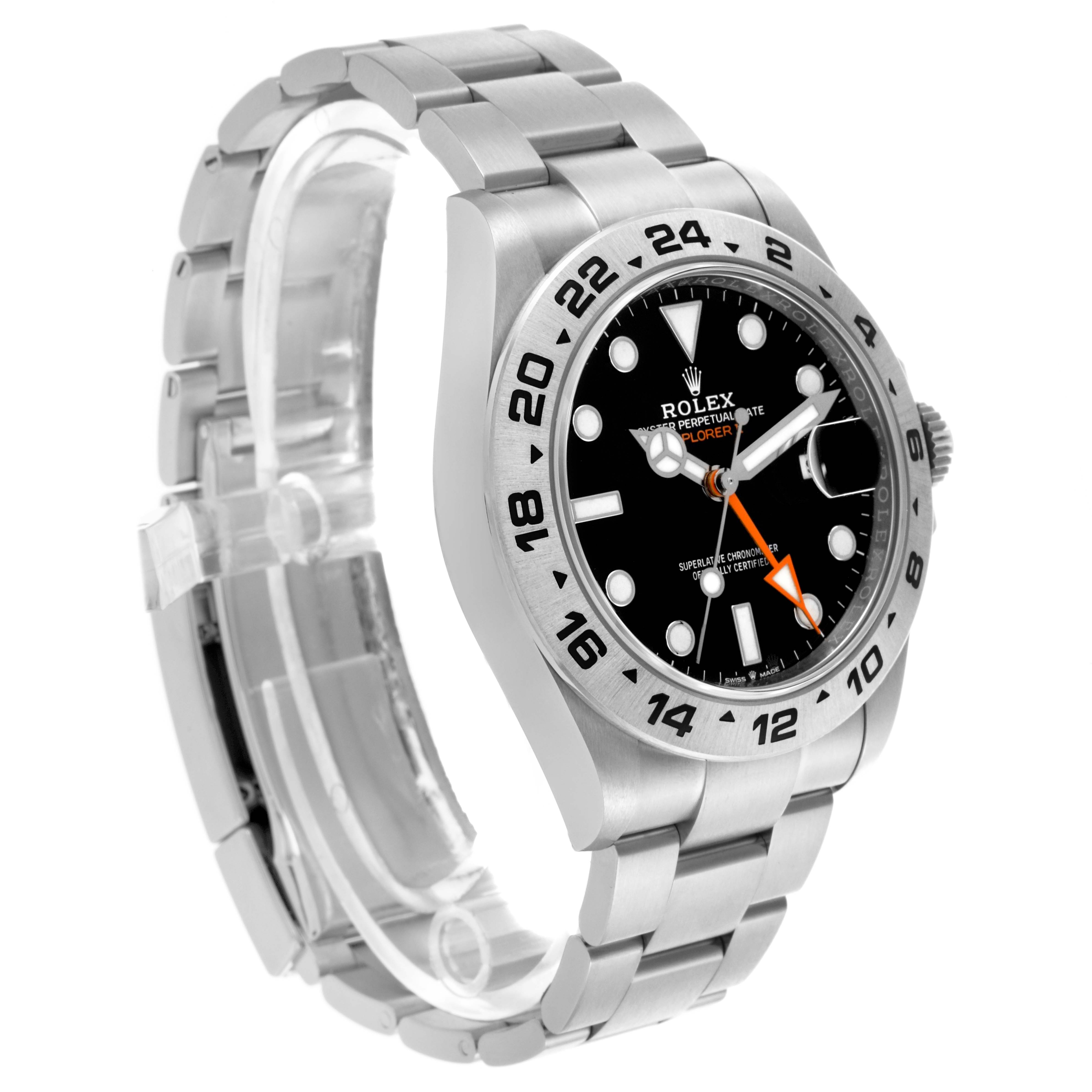 The Rolex Explorer M226570-0002 Men's Stainless Steel Black Dial M226570-0002 Men's Stainless Steel Black Dial watch is shown from an angled side view, highlighting its bezel, dial, and stainless steel bracelet.