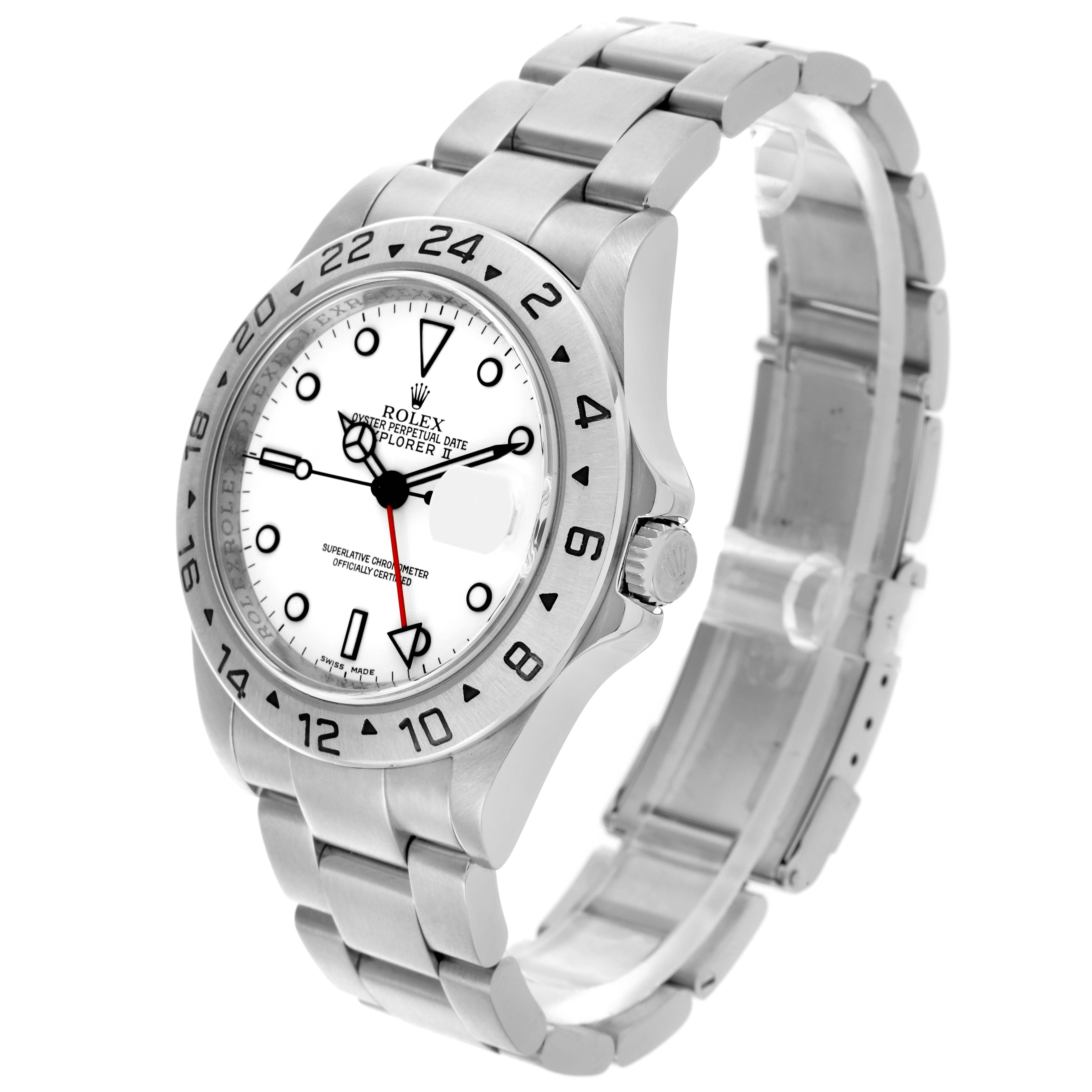 The Rolex Explorer 16570 Men's Stainless Steel White Dial 16570 Men's Stainless Steel White Dial watch is shown at a three-quarter angle, highlighting the bezel, dial, case, crown, and bracelet.