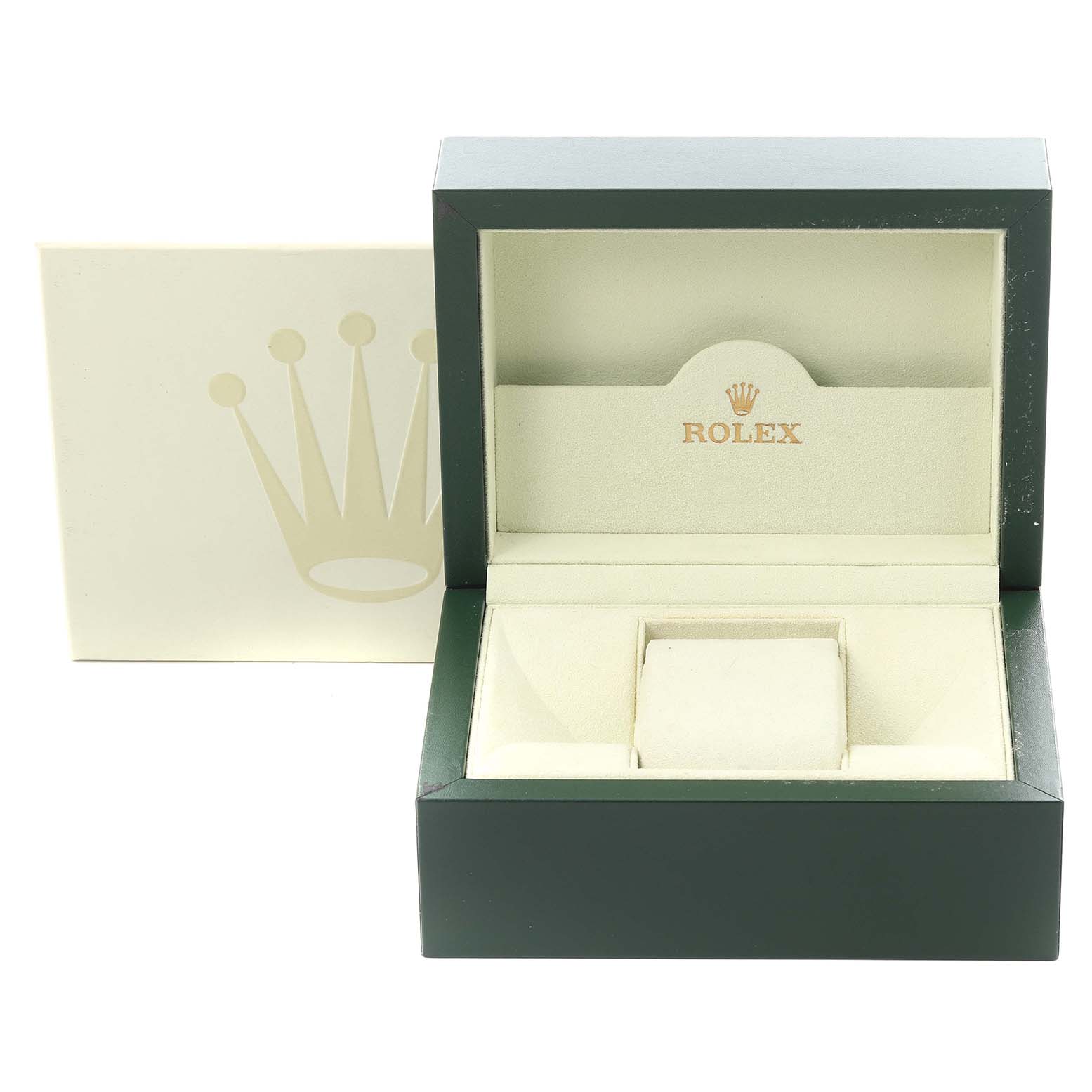 The image shows an open Rolex watch box, likely for the Explorer model, with a cushion and the iconic branding visible.