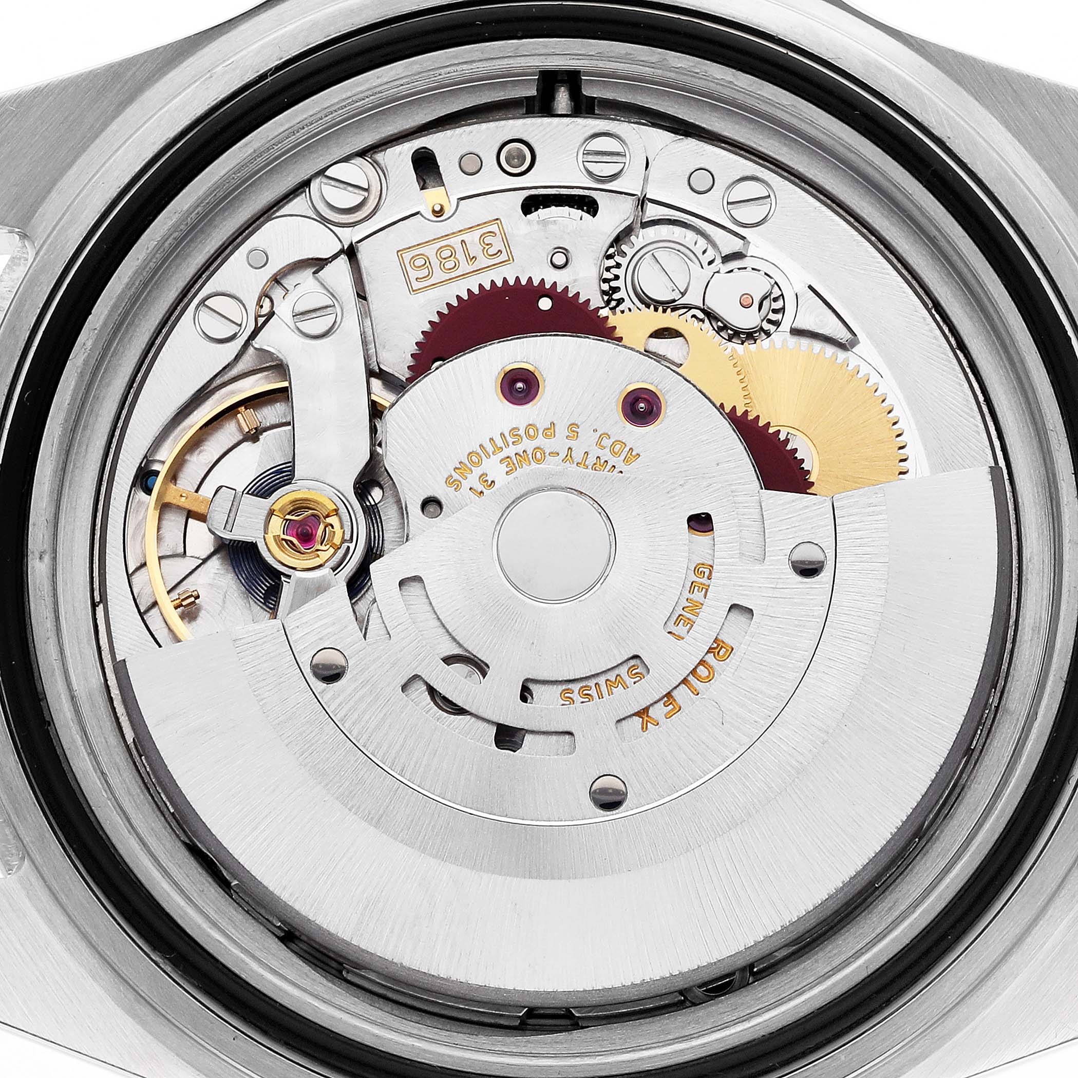 The image shows the movement of a Rolex Explorer 16570 Men's Stainless Steel White Dial 16570 Men's Stainless Steel White Dial watch, highlighting gears and intricate mechanical parts.