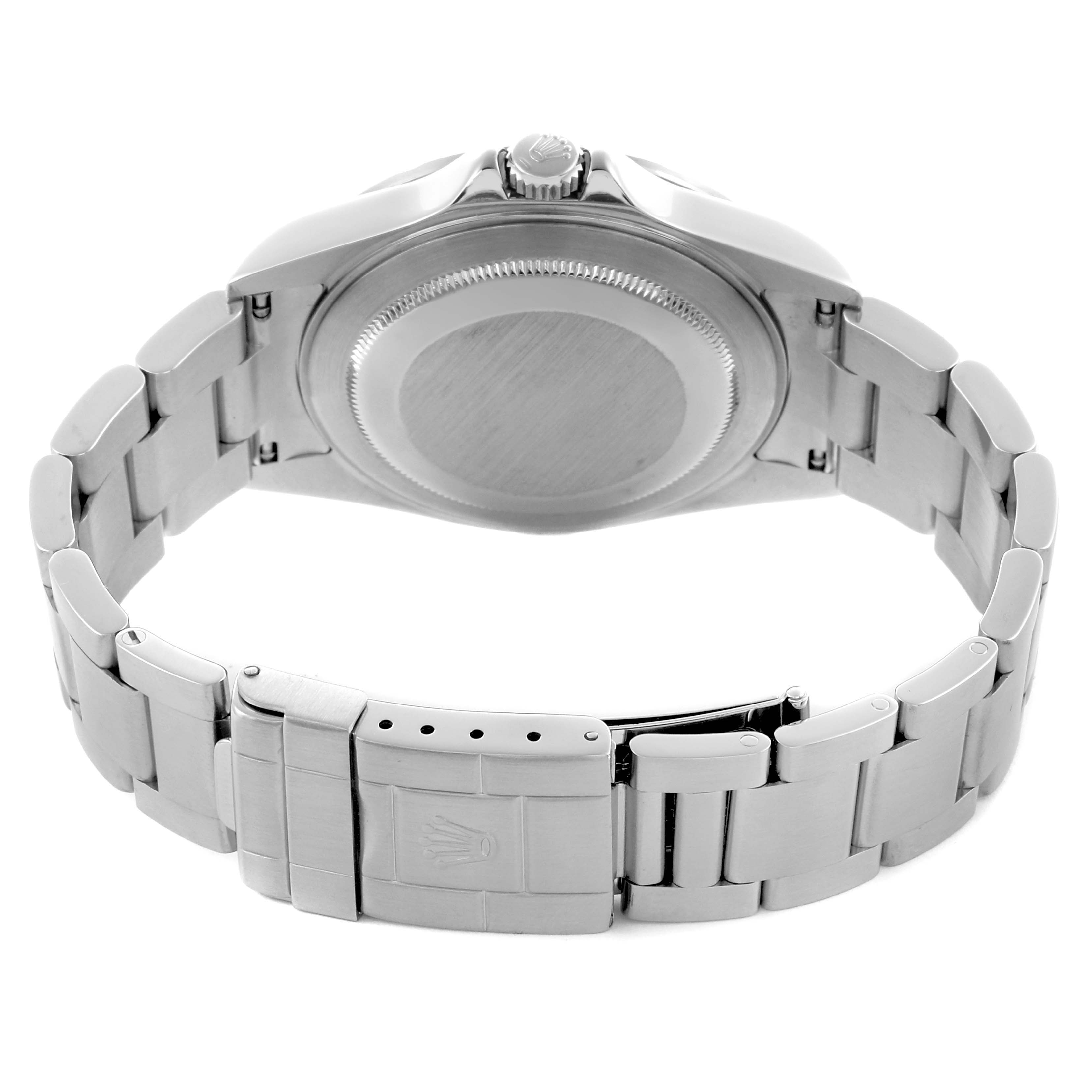 The image shows the back of the Rolex Explorer 16570 Men's Stainless Steel White Dial 16570 Men's Stainless Steel White Dial watch, highlighting the case back, bracelet, and clasp.