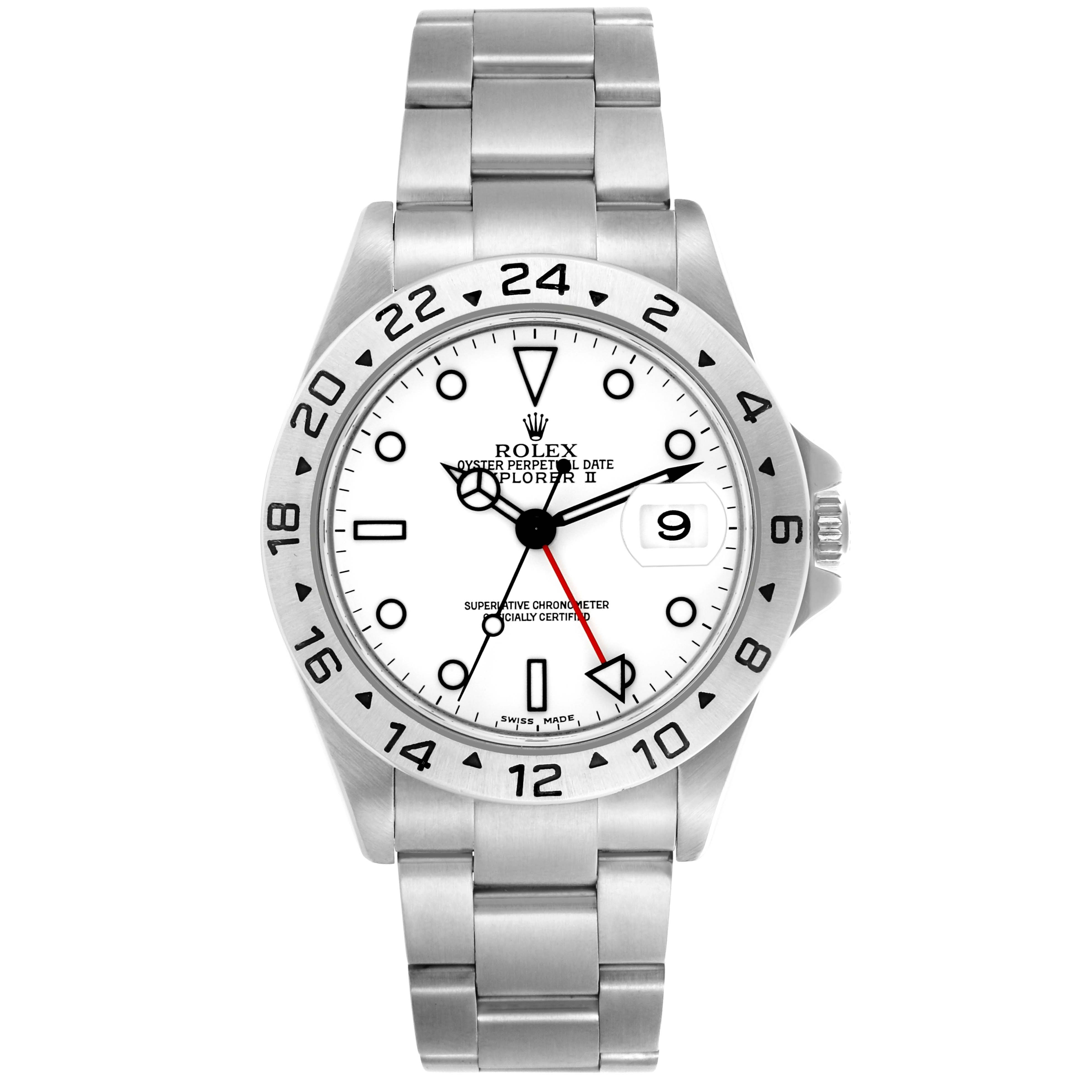 The image shows a front view of the Rolex Explorer 16570 Men's Stainless Steel White Dial 16570 Men's Stainless Steel White Dial II, highlighting the dial, bezel, and bracelet.