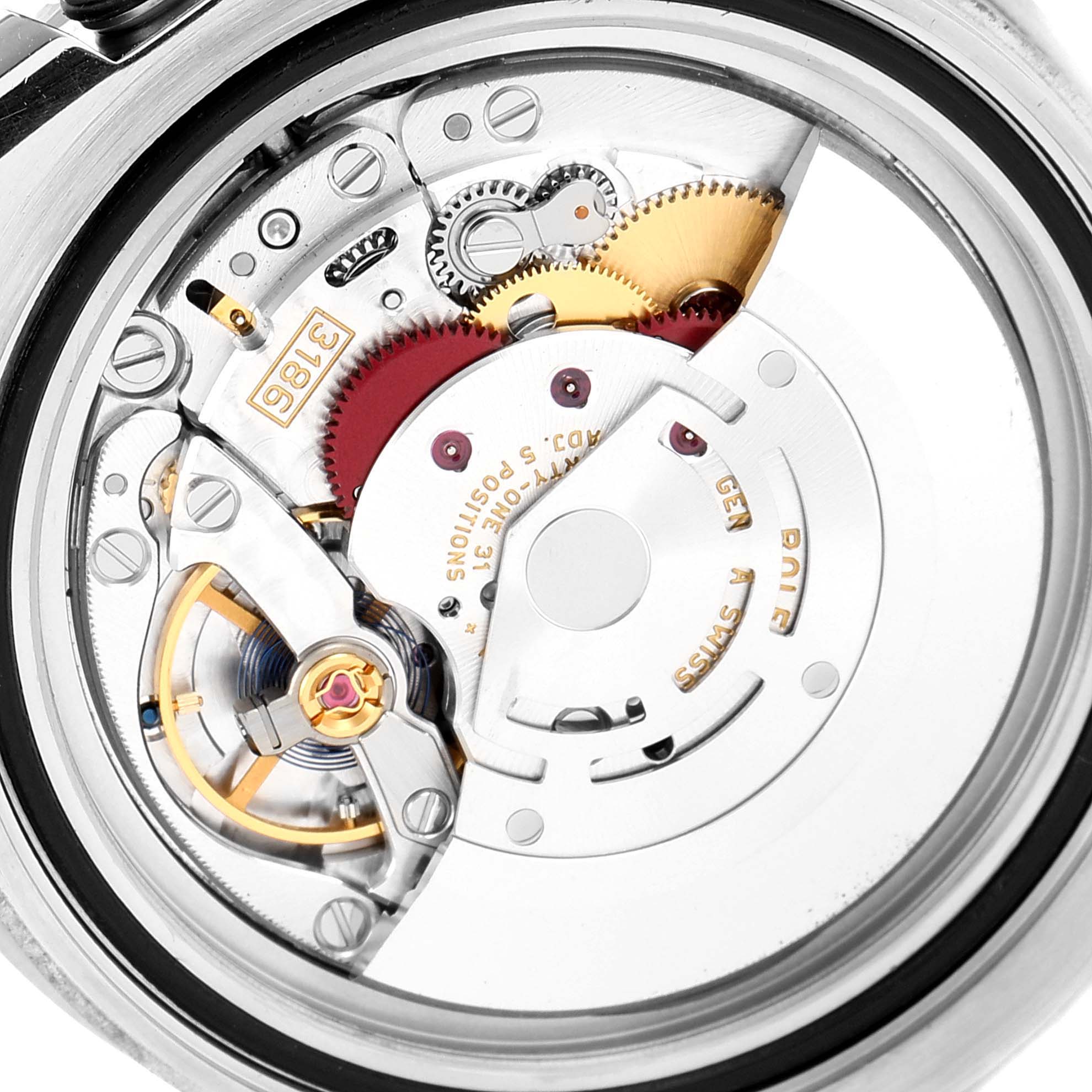 This image shows the intricate inner mechanics of a Rolex GMT-Master 116710 Men
s Stainless Steel Black Dial 116710 Men
s Stainless Steel Black Dial watch, highlighting its gears and movement components.