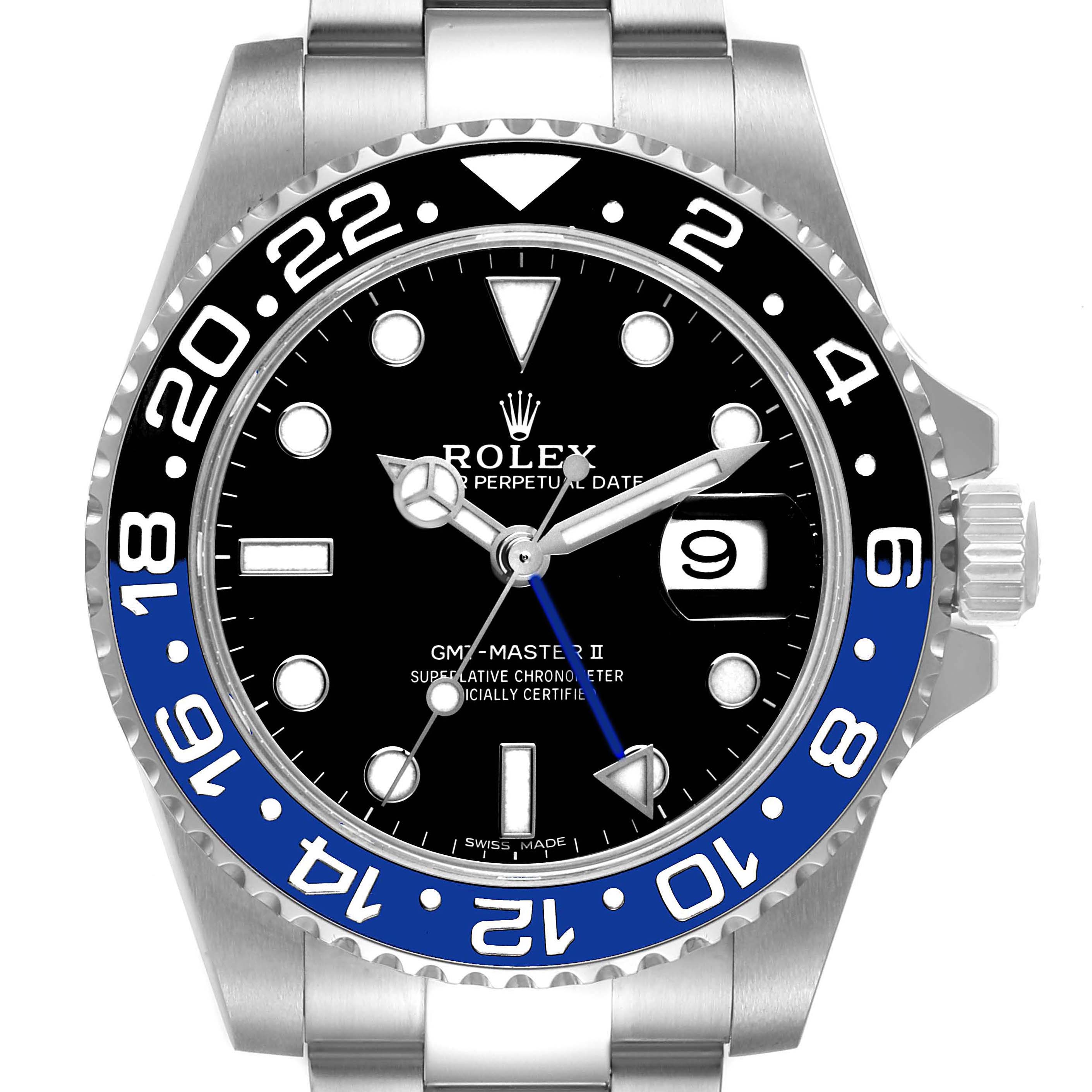 The Rolex GMT-Master 116710 Men
s Stainless Steel Black Dial 116710 Men
s Stainless Steel Black Dial II watch is shown from the front, displaying the dial, bezel, crown, and part of the bracelet.