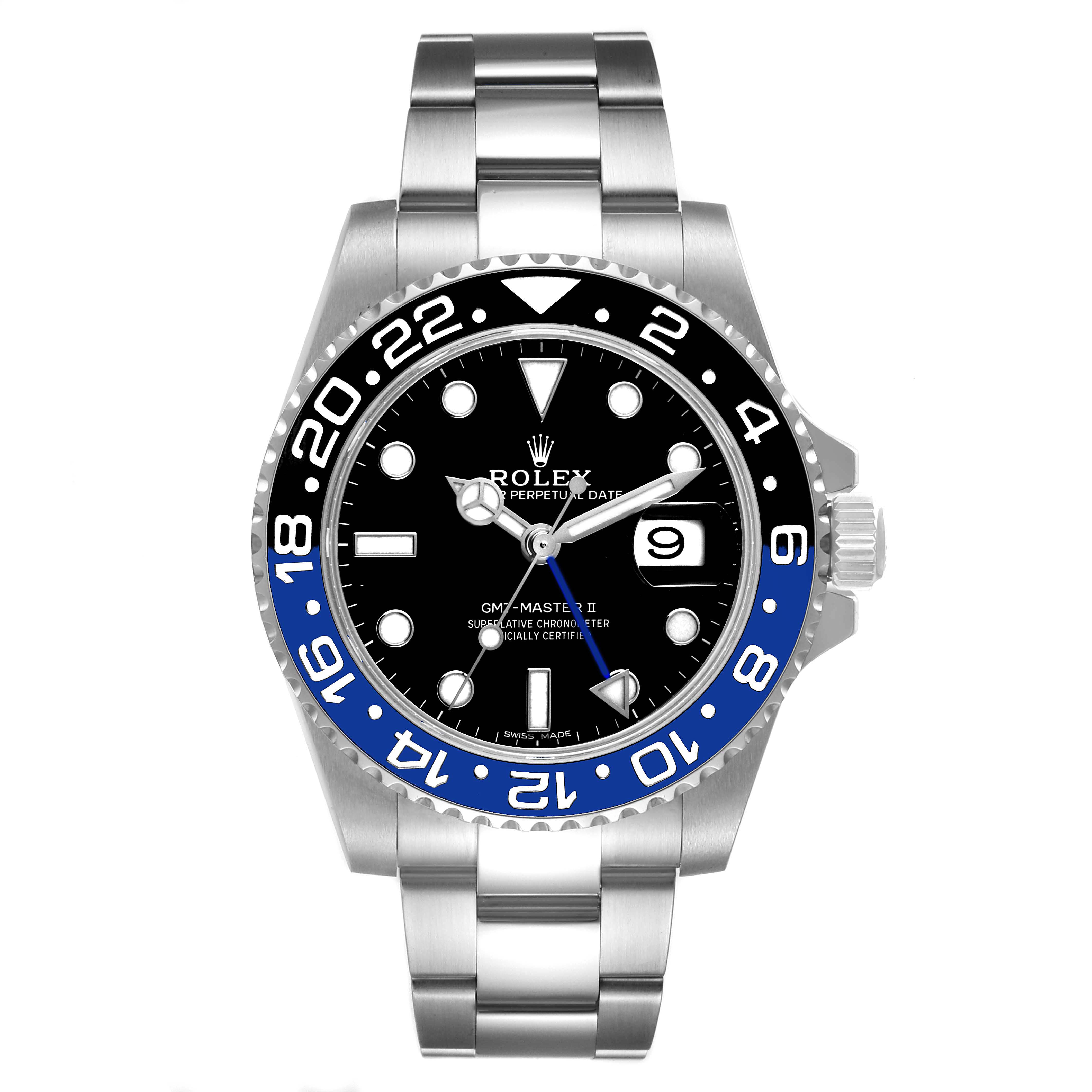 This image shows a frontal view of the Rolex GMT-Master 116710 Men
s Stainless Steel Black Dial 116710 Men
s Stainless Steel Black Dial II watch, highlighting its bezel, dial, hands, and bracelet.