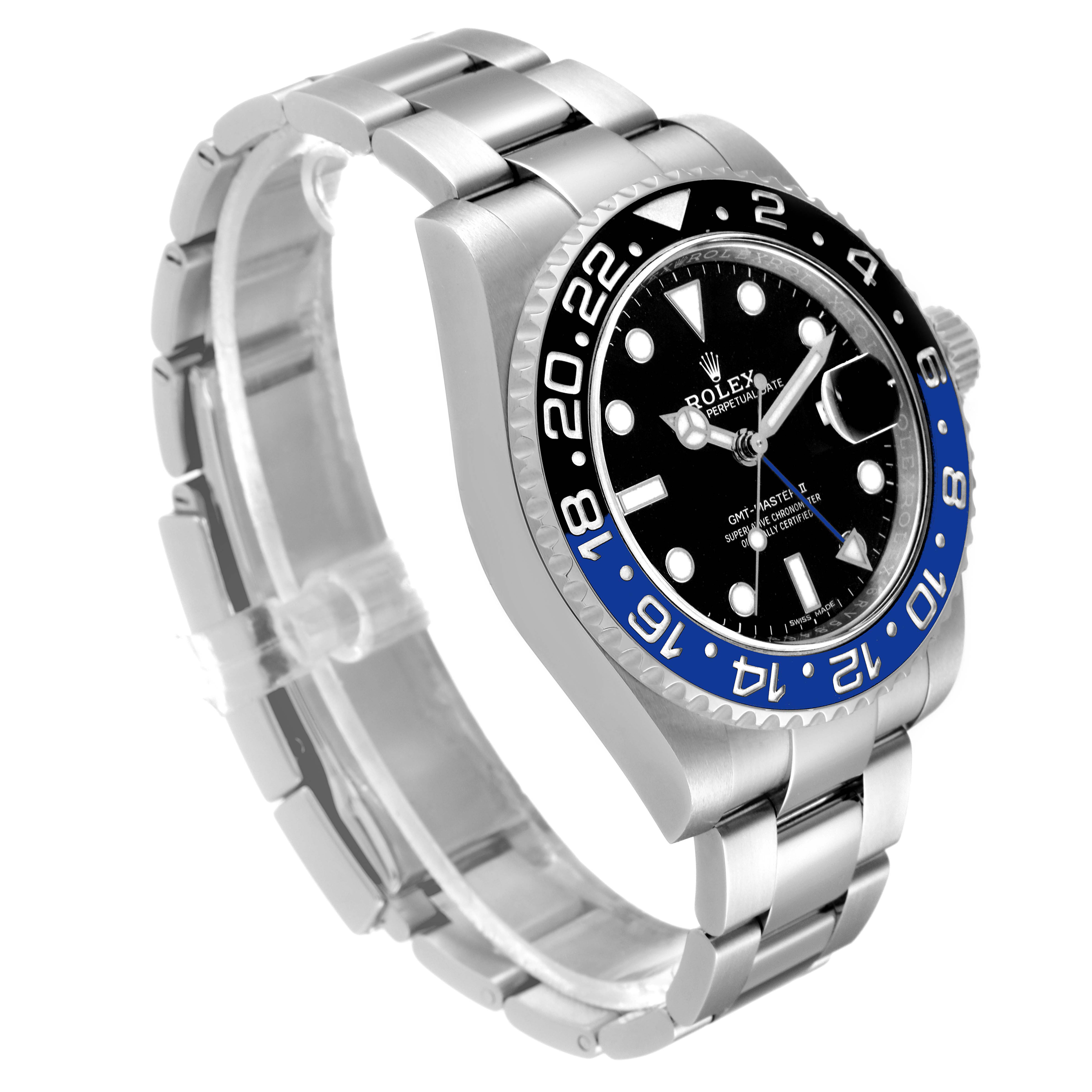 The image shows a Rolex GMT-Master 116710 Men
s Stainless Steel Black Dial 116710 Men
s Stainless Steel Black Dial watch at an angle highlighting the face, bezel, and stainless steel bracelet.
