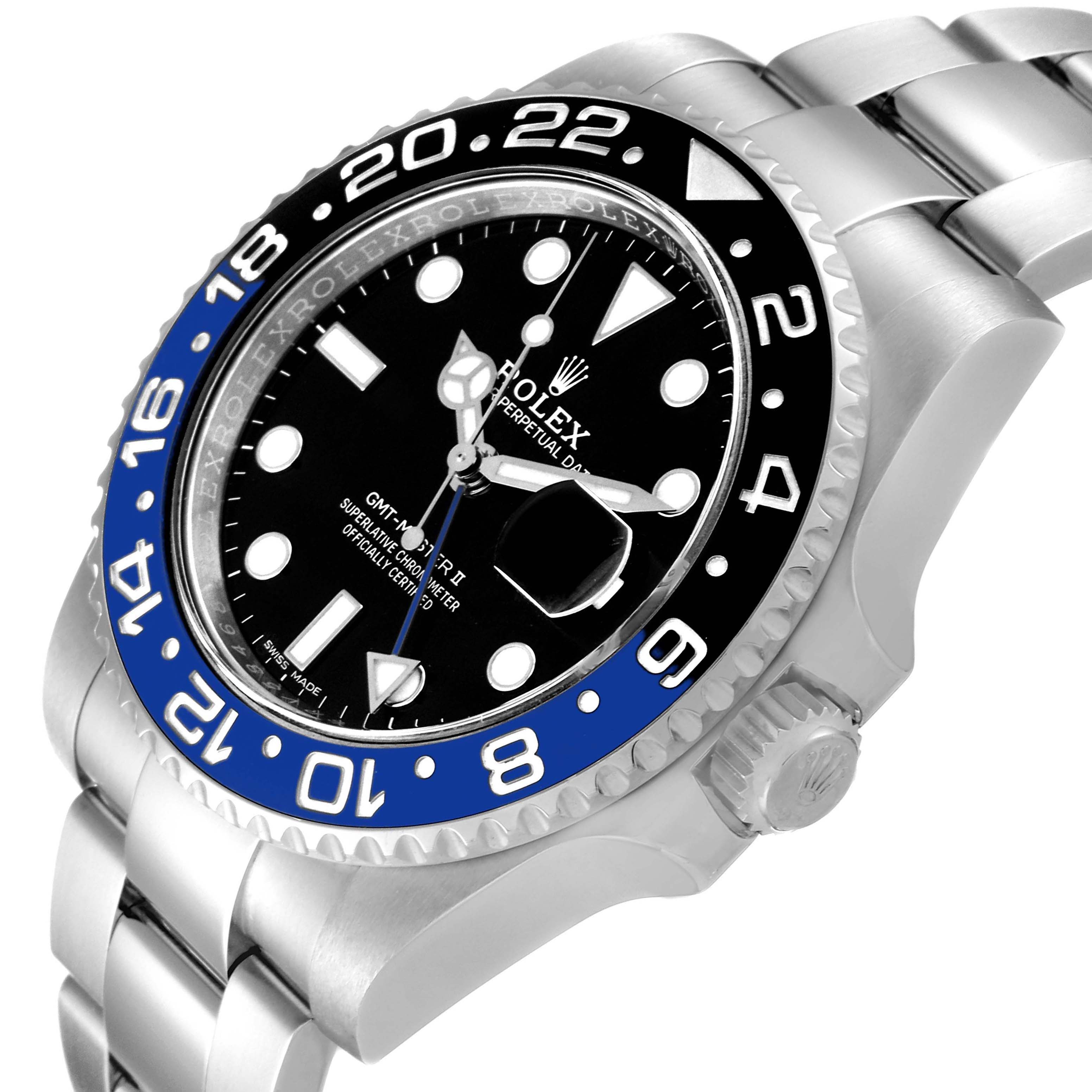 This image shows a close-up, angled view of the Rolex GMT-Master 116710 Men
s Stainless Steel Black Dial 116710 Men
s Stainless Steel Black Dial II watch, highlighting the face, bezel, and part of the bracelet.