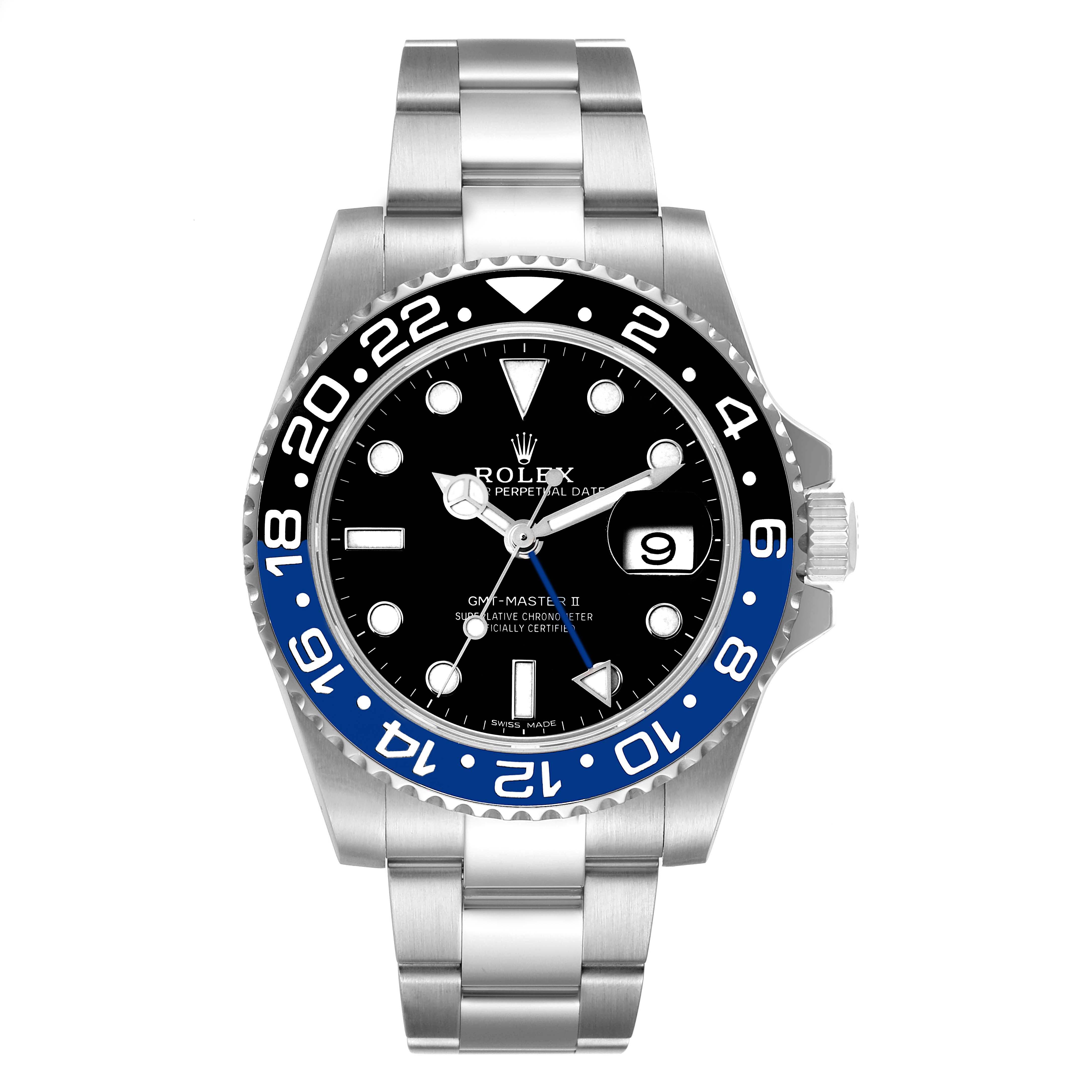 The image shows a front view of a Rolex GMT-Master 116710 Men
s Stainless Steel Black Dial 116710 Men
s Stainless Steel Black Dial II watch, displaying the bezel, dial, hands, and bracelet.