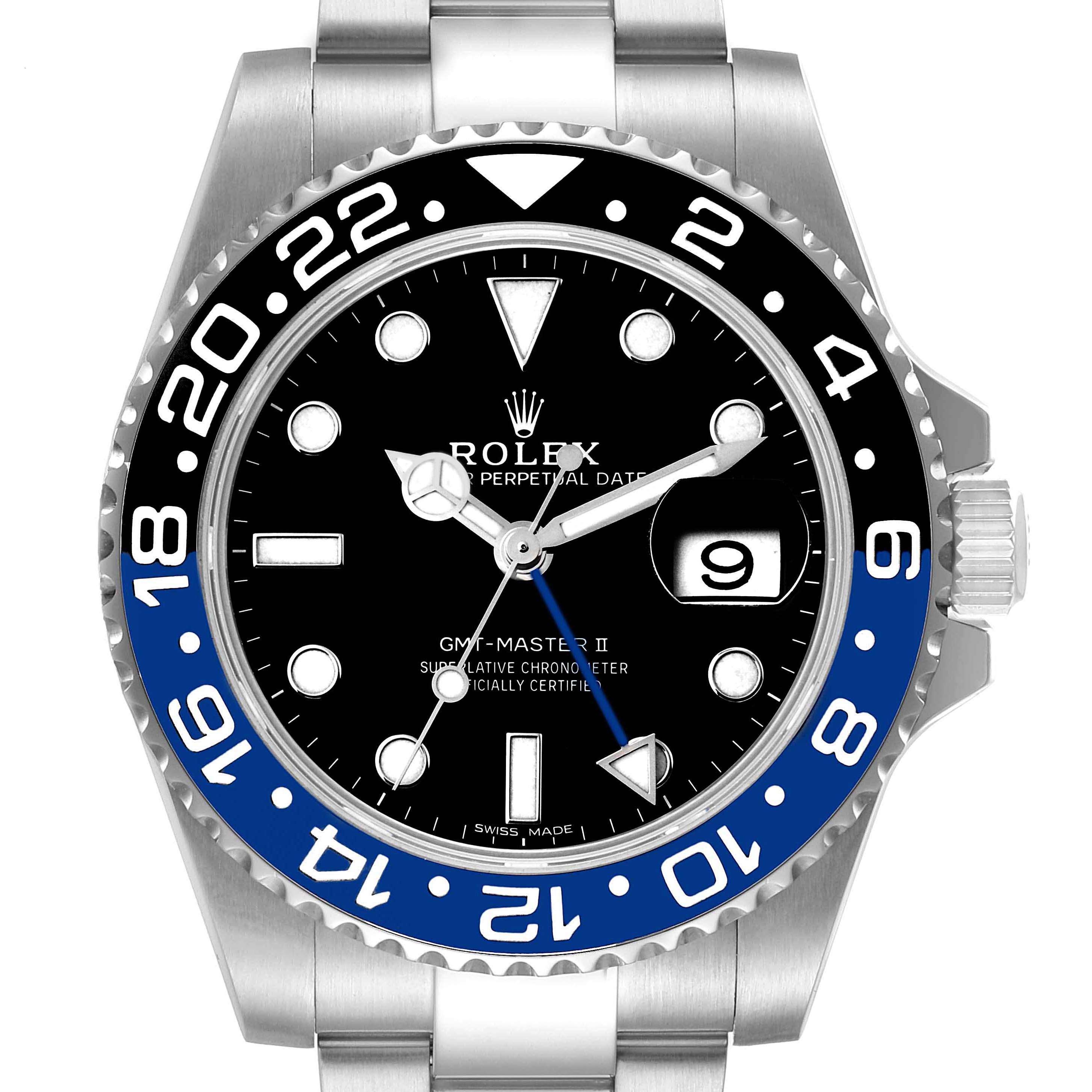 The image shows the front face of a Rolex GMT-Master 116710 Men
s Stainless Steel Black Dial 116710 Men
s Stainless Steel Black Dial II watch including the dial, bezel, and part of the bracelet.