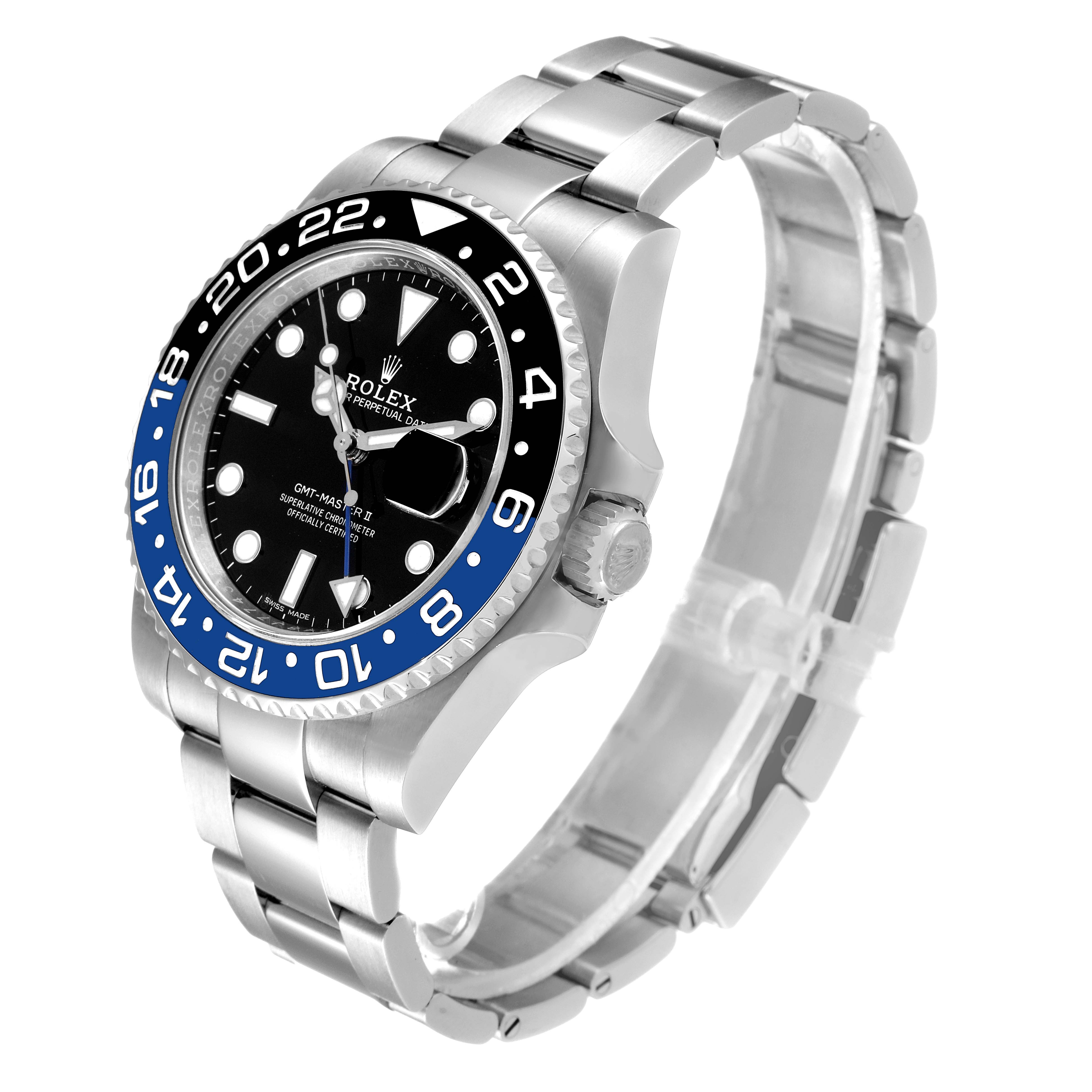 This image shows the Rolex GMT-Master 116710 Men
s Stainless Steel Black Dial 116710 Men
s Stainless Steel Black Dial II watch at a three-quarter angle, highlighting the bezel, dial, and bracelet.