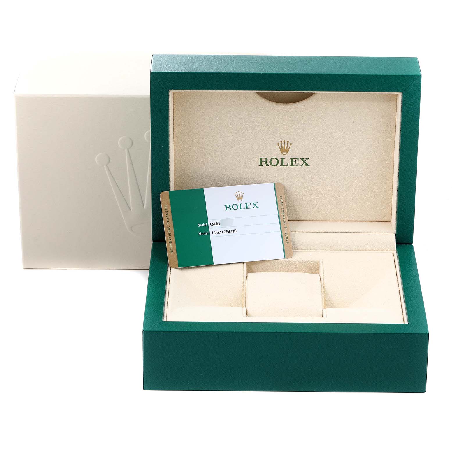 The image shows an open Rolex GMT-Master 116710 Men
s Stainless Steel Black Dial 116710 Men
s Stainless Steel Black Dial watch box with the warranty card displayed inside.