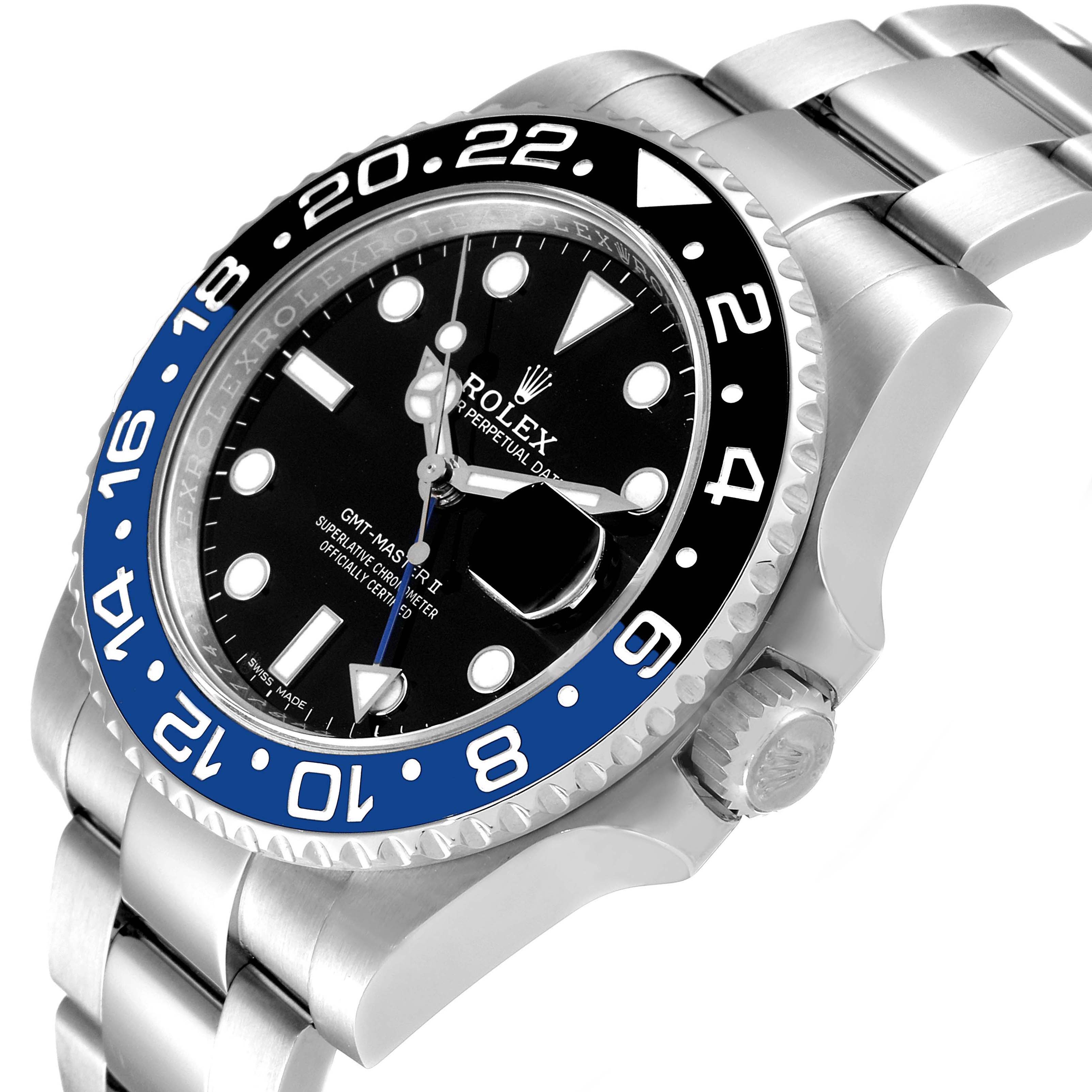 The image shows the Rolex GMT-Master 116710 Men
s Stainless Steel Black Dial 116710 Men
s Stainless Steel Black Dial watch from a side-angle, highlighting the dial, bezel, crown, and bracelet.