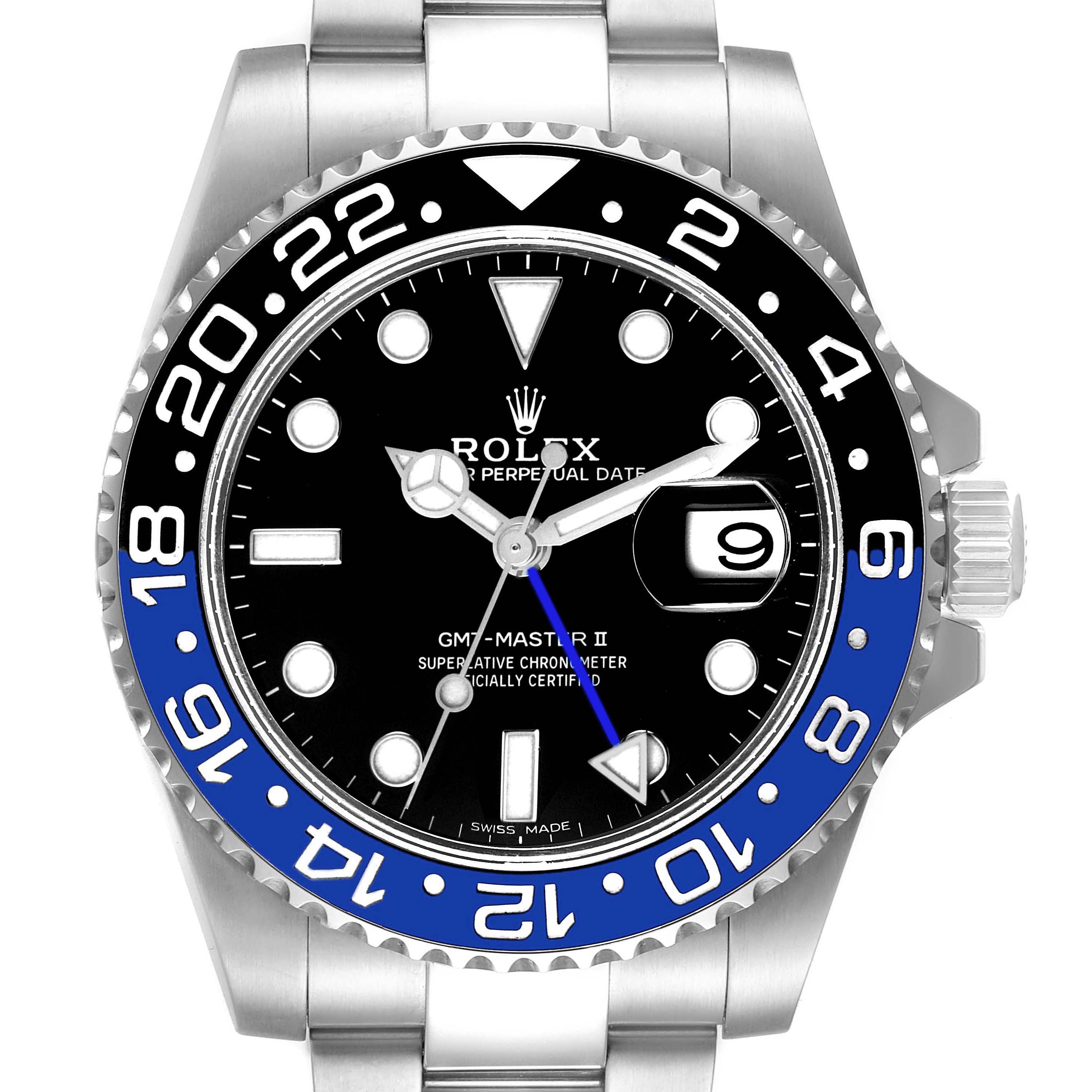 This Rolex GMT-Master 116710 Men
s Stainless Steel Black Dial 116710 Men
s Stainless Steel Black Dial II watch is shown from the front angle, highlighting its blue and black bezel, black dial, and steel bracelet.