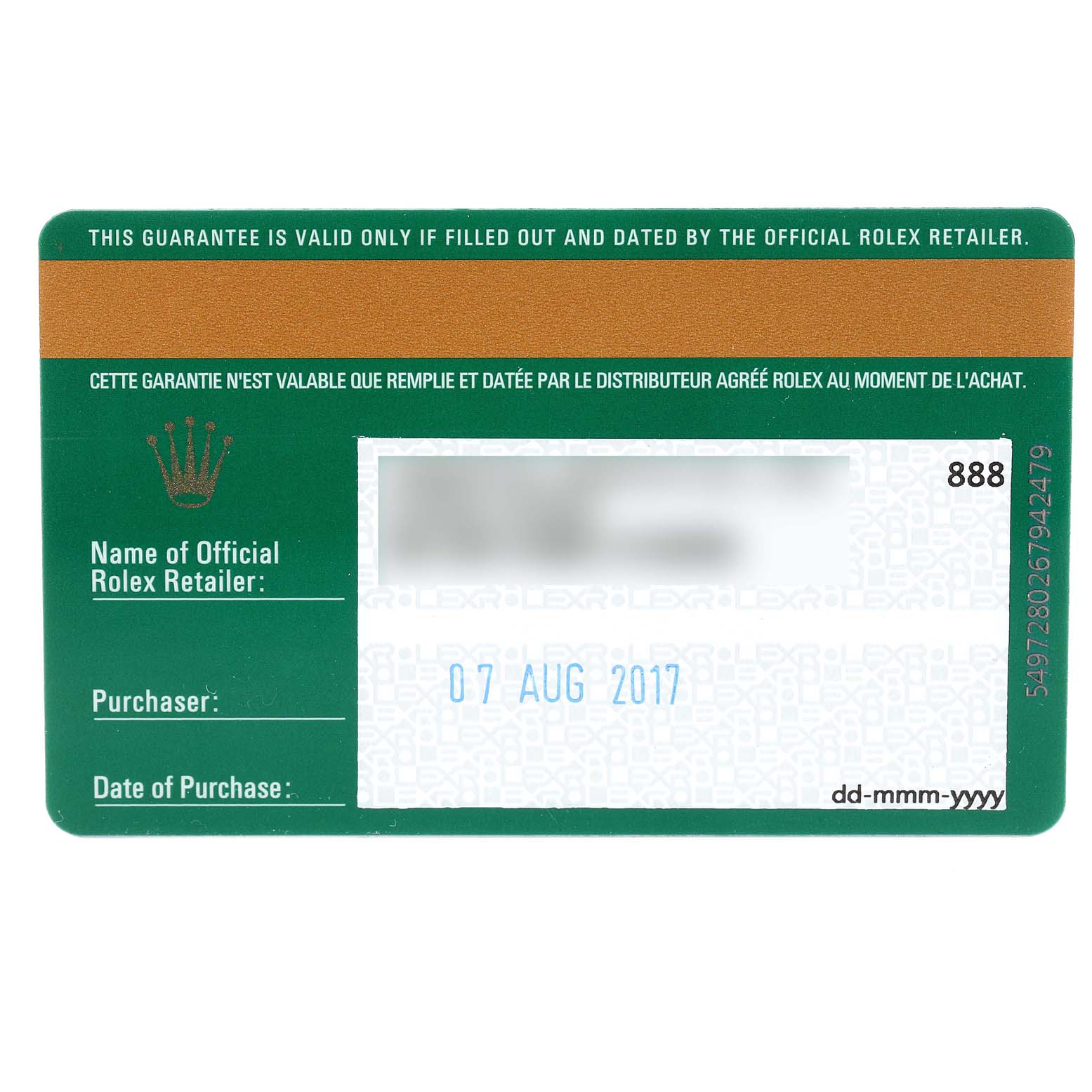 This image shows the warranty card for the Rolex GMT-Master 116710 Men
s Stainless Steel Black Dial 116710 Men
s Stainless Steel Black Dial model, detailing the official retailer, purchaser, and date of purchase.