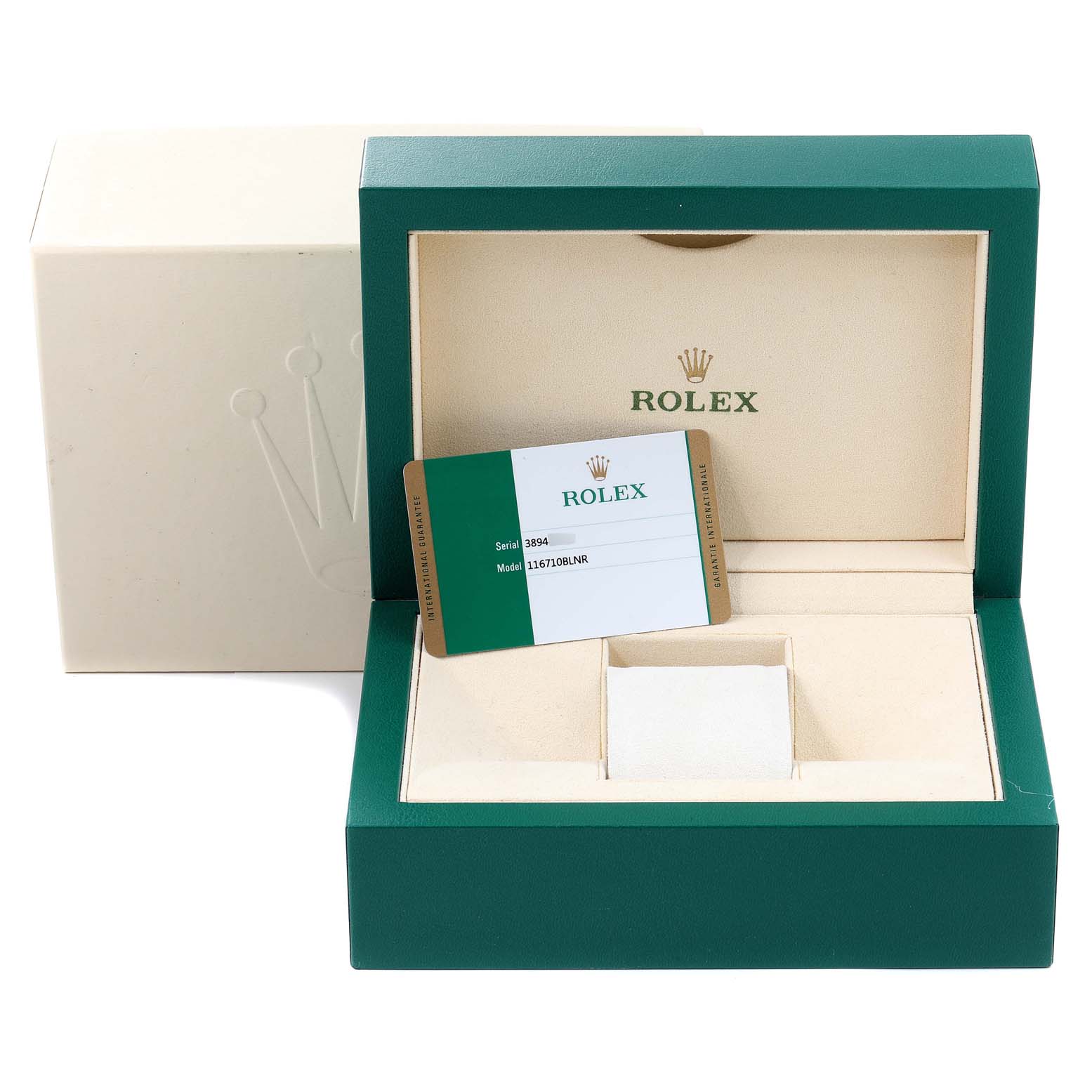 This image shows a Rolex GMT-Master 116710 Men
s Stainless Steel Black Dial 116710 Men
s Stainless Steel Black Dial watch box with the warranty card, viewed at an angle from the front.