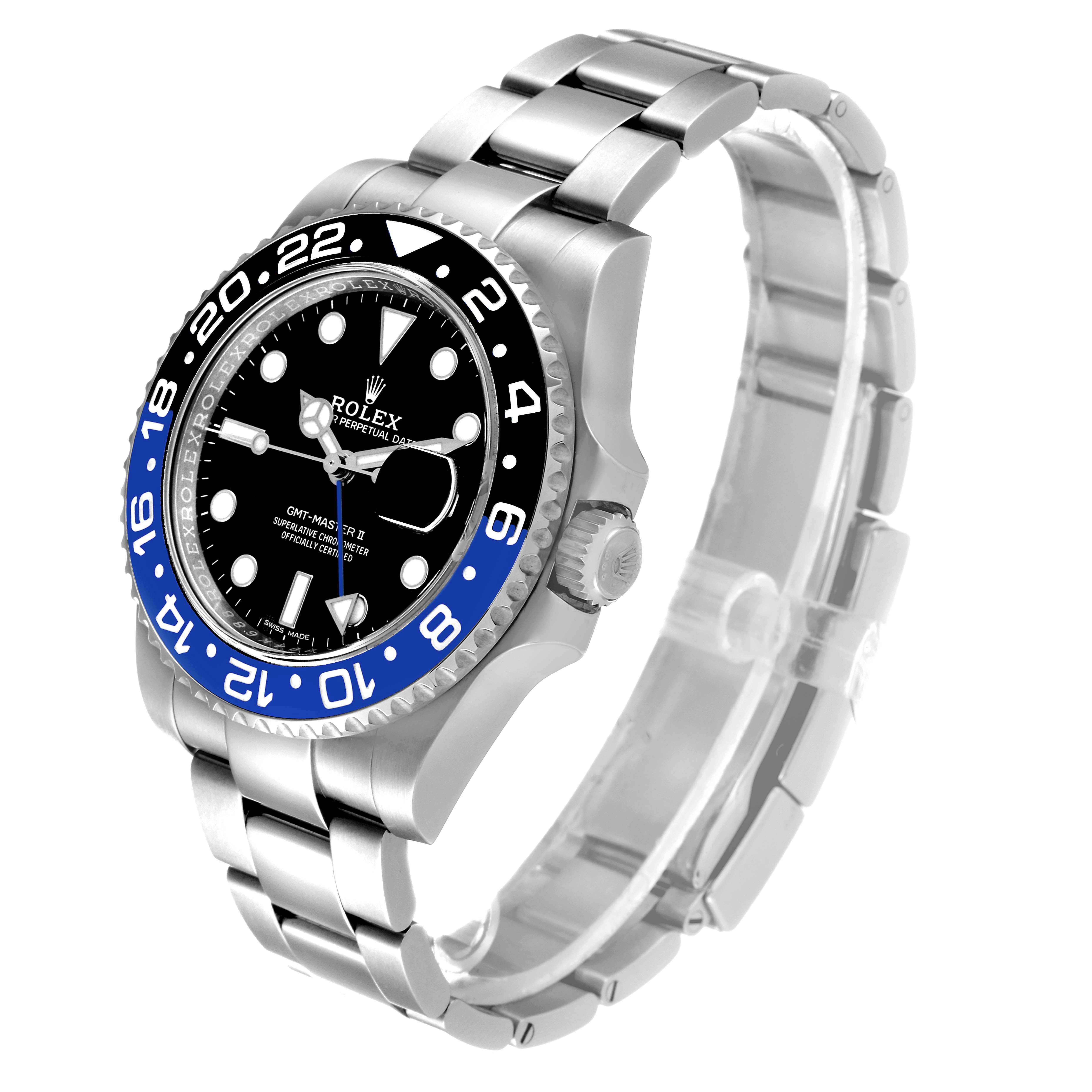This image shows a side angle of the Rolex GMT-Master 116710 Men
s Stainless Steel Black Dial 116710 Men
s Stainless Steel Black Dial II watch, highlighting the bezel, dial, case, and bracelet.