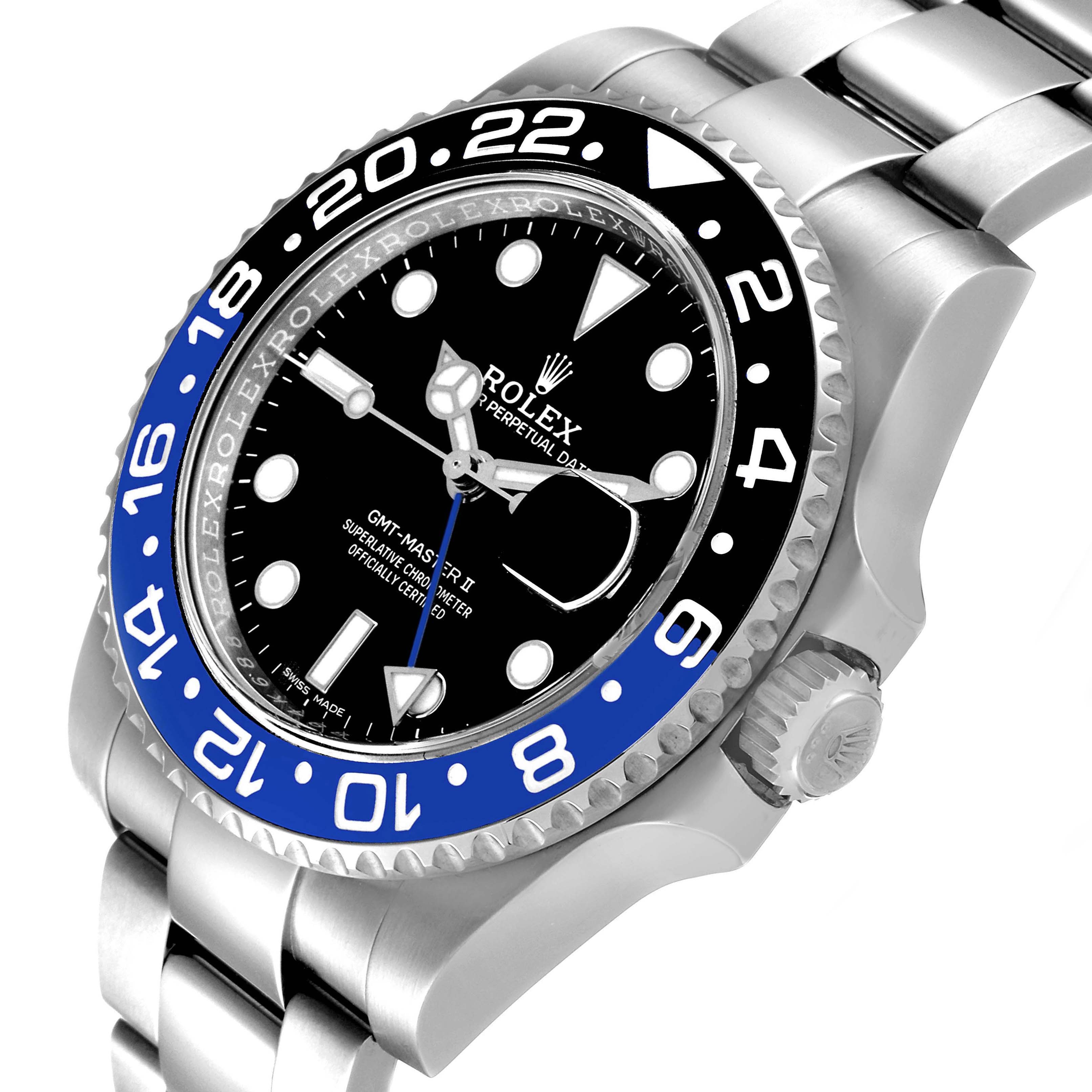 The Rolex GMT-Master 116710 Men
s Stainless Steel Black Dial 116710 Men
s Stainless Steel Black Dial watch is shown at an angled close-up, highlighting the dial, bezel, case, strap, and crown.