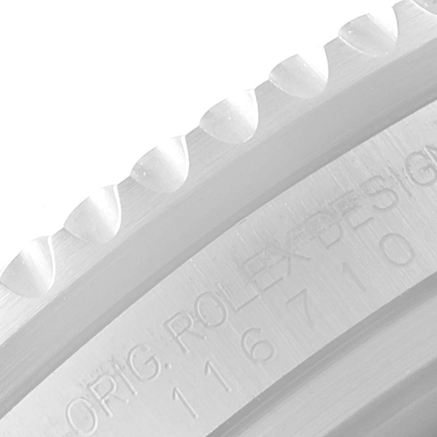 This close-up shows the engraved outer rim and bezel teeth of the Rolex GMT-Master 116710 Men
s Stainless Steel Black Dial 116710 Men
s Stainless Steel Black Dial watch.