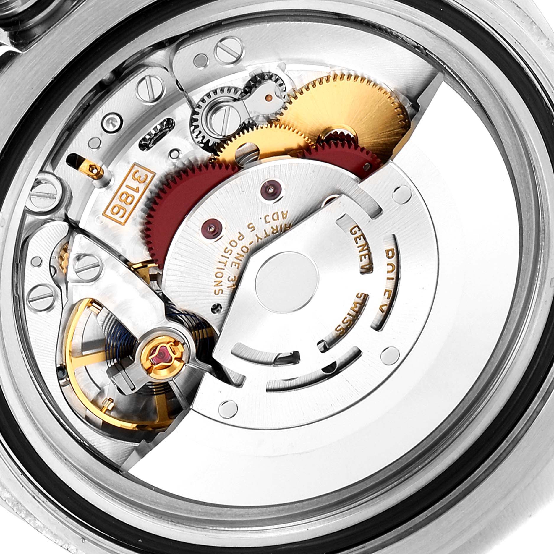 This image shows the movement mechanism of a Rolex GMT-Master 116710 Men
s Stainless Steel Black Dial 116710 Men
s Stainless Steel Black Dial watch from a close-up, detailed perspective.