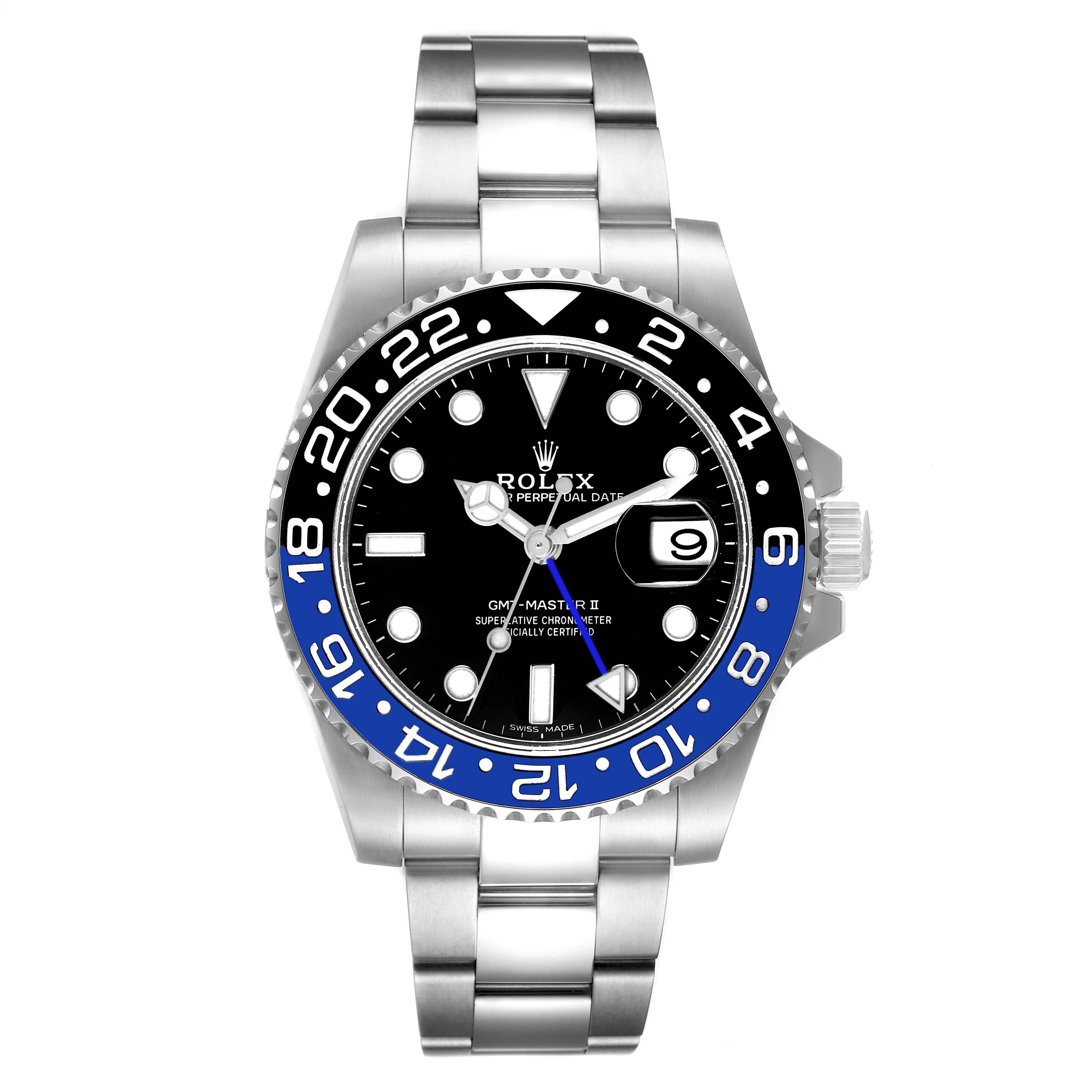 The image shows a straight-on view of a Rolex GMT-Master 116710 Men
s Stainless Steel Black Dial 116710 Men
s Stainless Steel Black Dial watch, highlighting the dial, bezel, case, and bracelet.