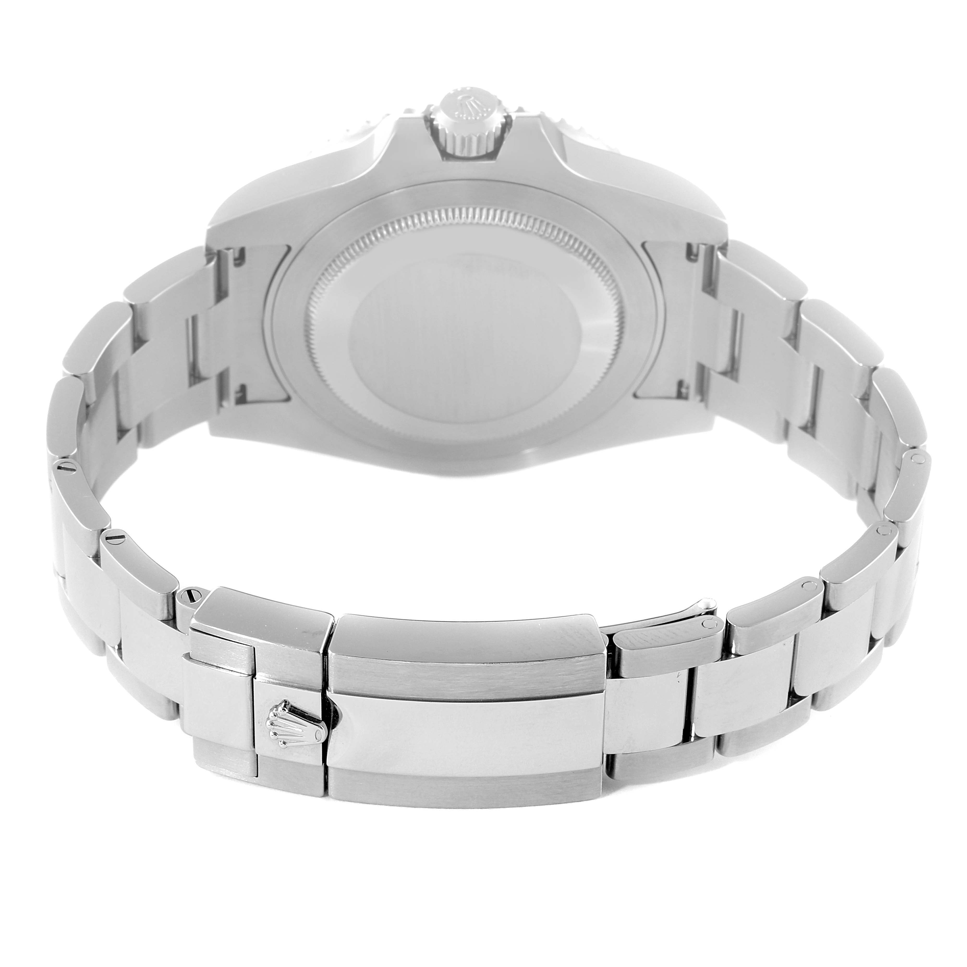 The image shows a rear view of a Rolex GMT-Master 116710 Men
s Stainless Steel Black Dial 116710 Men
s Stainless Steel Black Dial watch, focusing on the case back and metal bracelet.