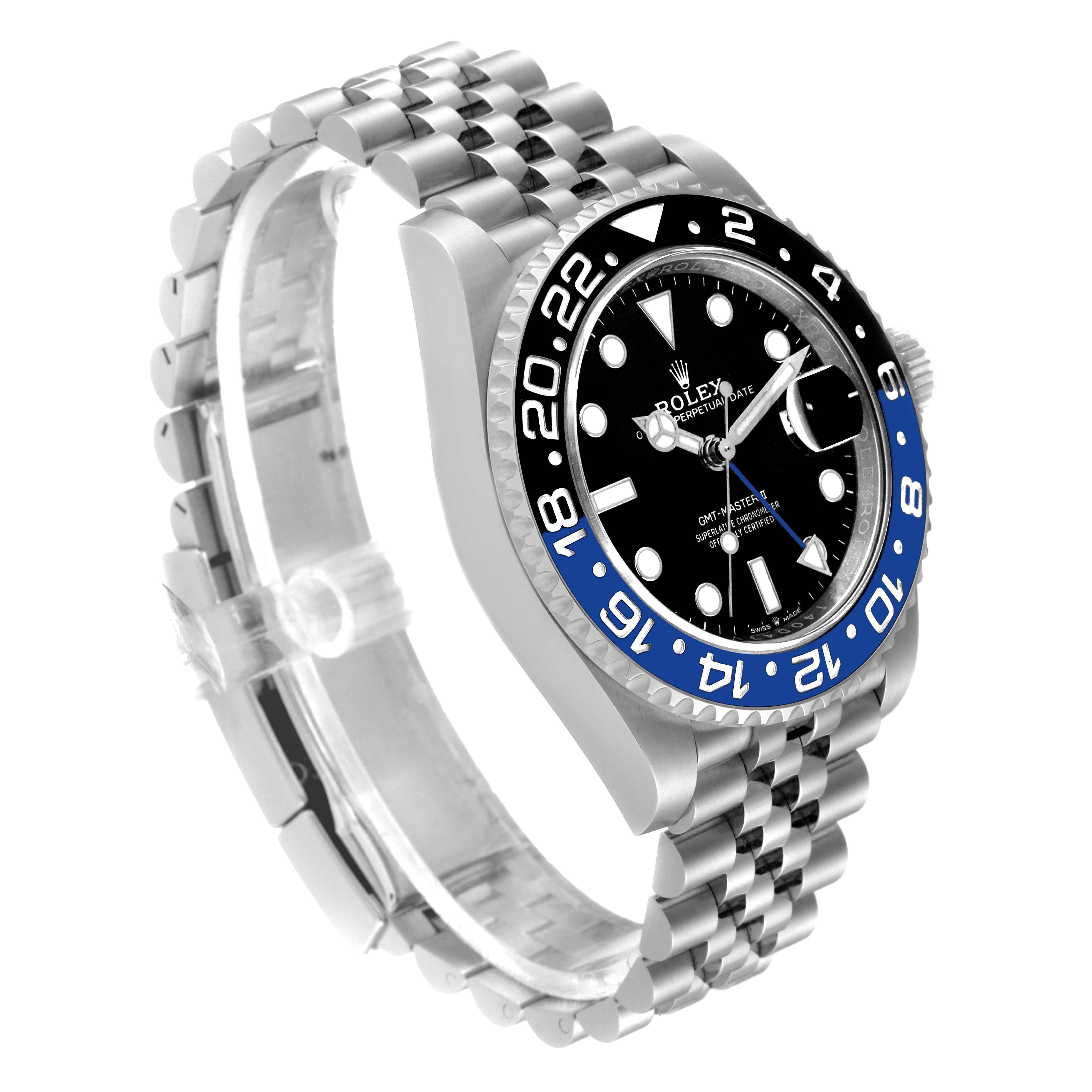 The image shows a Rolex GMT-Master 126710 Men
s Stainless Steel Black Dial 126710 Men
s Stainless Steel Black Dial watch at a three-quarter angle, highlighting the bezel, dial, case, and bracelet.